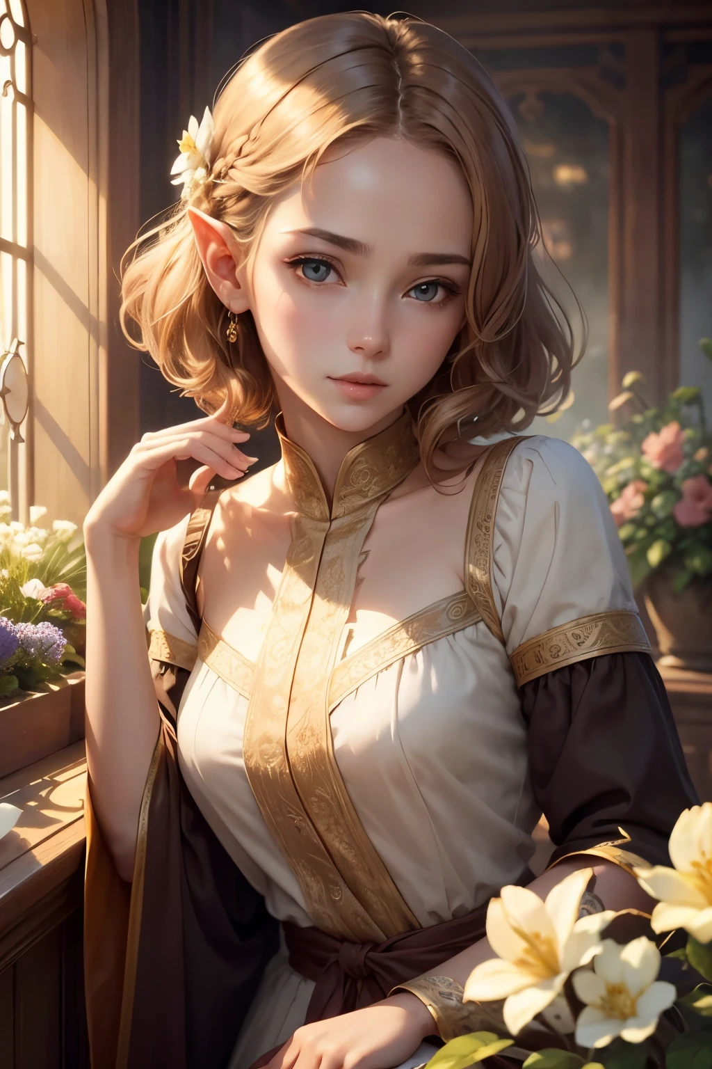 Official Art, Masterpiece European female, elvish, short hair, pale brown hair , brown eyes, (masterpiece、top-quality、hight resolution: 1.4),in 8K, Drawing of a woman with short pale brown hair, Anime Art Nouveau, highly detailed exquisite fanart, anime fantasy illustration, clean detailed anime art, detailed anime art, Sharp Focus, Delicate Beautiful Hair and Eyes and Face, realisitic, ultra-detailliert, flower garden, sunlight