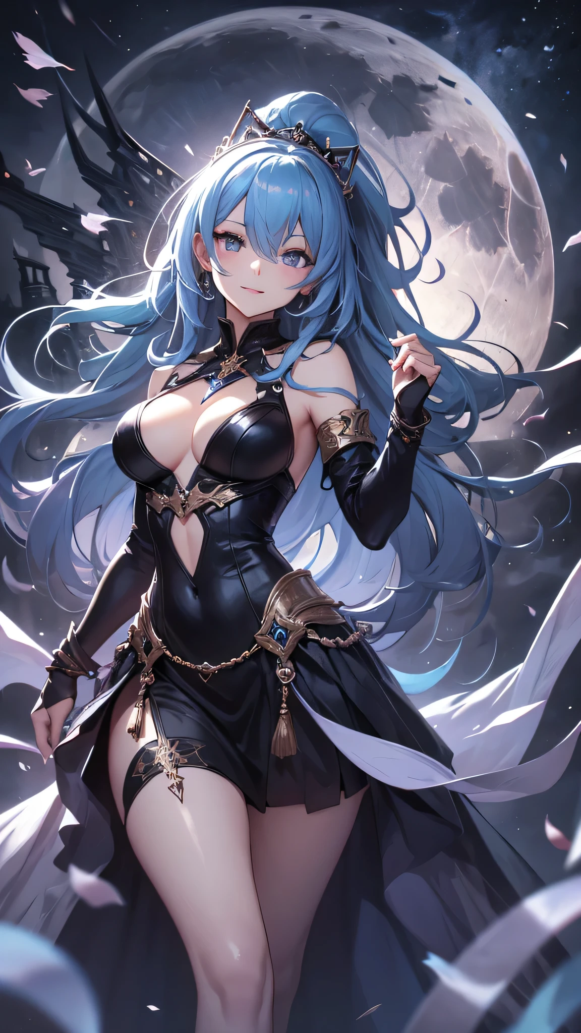 最high quality、best image quality、masterpiece、girl((20-year-old、 By becoming、vest bust、medium bust,wide open breast tea、shining eyes, light blue hair、long hair、thin,highest valley、ponytail、action of looking up、full body bandage、black dress、long skirt、smile、dance,)),high quality、beautiful art、background((Gorgeous castle、beautiful atmosphere、full moon))、Flight、debris flies、Depth of written boundary、movie、visual art、perfect art、8k,genuine、