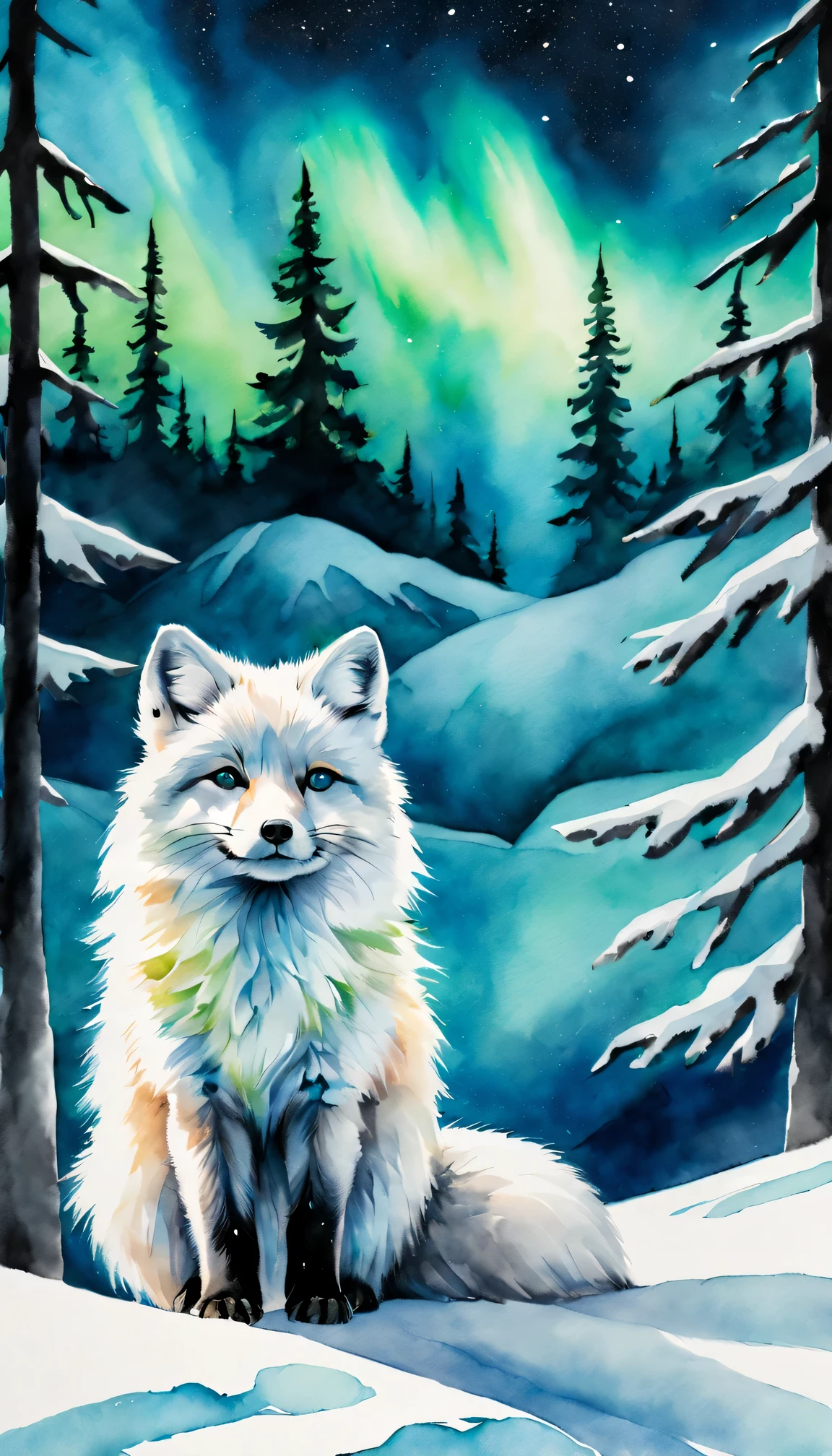 best quality, high resolution, Super detailed, actual,Ink painting and watercolor painting,(aurora),arctic fox,snow covered landscape,Silhouette trees,ice blue highlights,Detailed beard,delicate claws,cute pose,Dark ink on white paper,Detailed fur texture using Danqing technique, expressive brushstrokes, flowing watercolor effect, bright colors, soft light.