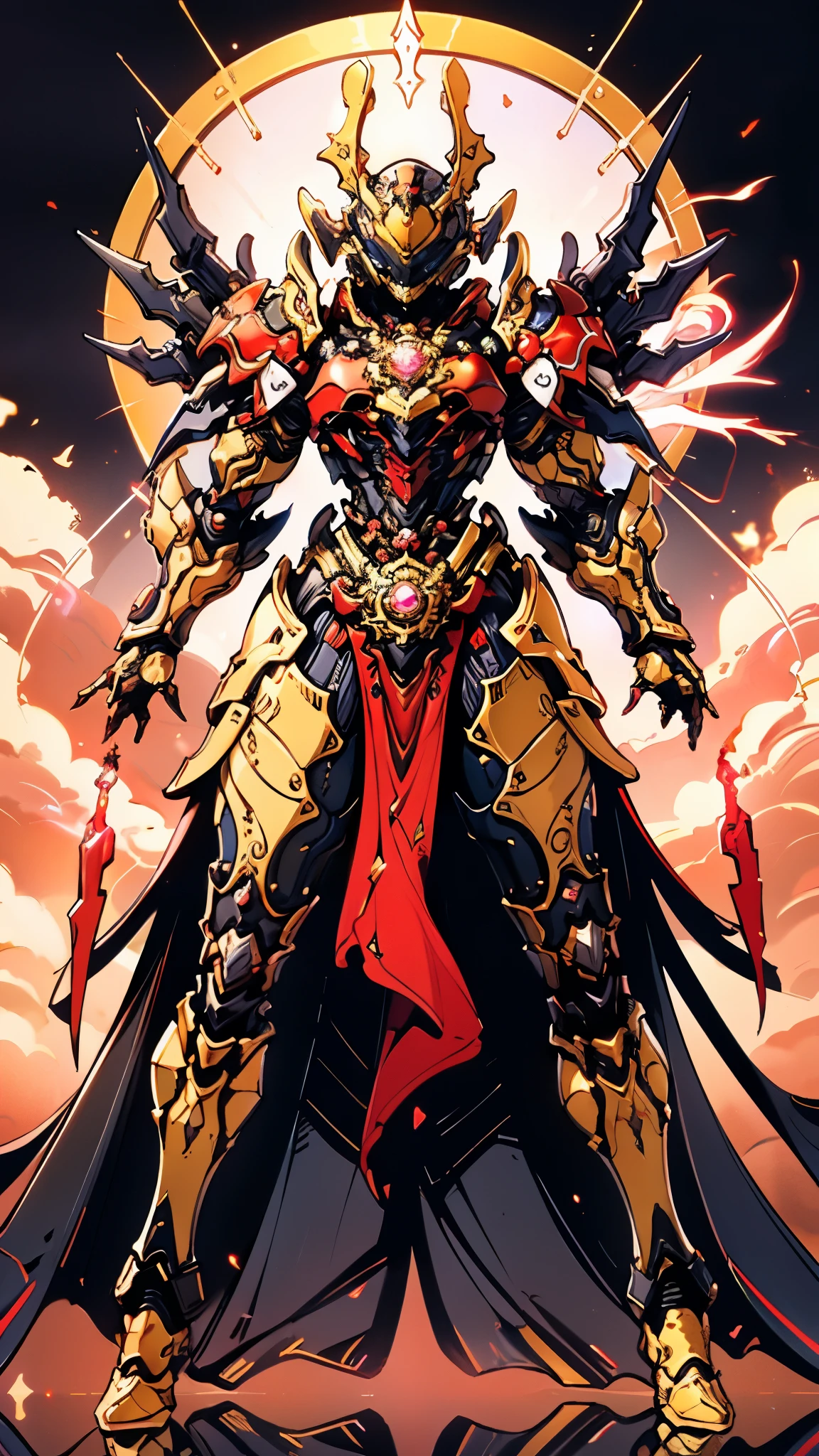 A woman adorned in fantasy-style full-body armor, a crown-concept fully enclosed helmet that unveils only her eyes, a composite layered chest plate, fully encompassing shoulder and hand guards, a lightweight waist armor, form-fitting shin guards, the overall design is heavy-duty yet flexible, ((the armor gleams with a golden glow, complemented by red and blue accents)), exhibiting a noble aura, she floats above a fantasy-surreal high-tech city, this character embodies a finely crafted fantasy-surreal style armored hero in anime style, exquisite and mature manga art style, (Queen bee mixed with Spider concept Armor, plasma, blood), ((Element, energy, elegant, goddess, femminine:1.5)), metallic, high definition, best quality, highres, ultra-detailed, ultra-fine painting, extremely delicate, professional, anatomically correct, symmetrical face, extremely detailed eyes and face, high quality eyes, creativity, RAW photo, UHD, 32k, Natural light, cinematic lighting, masterpiece-anatomy-perfect, masterpiece:1.5