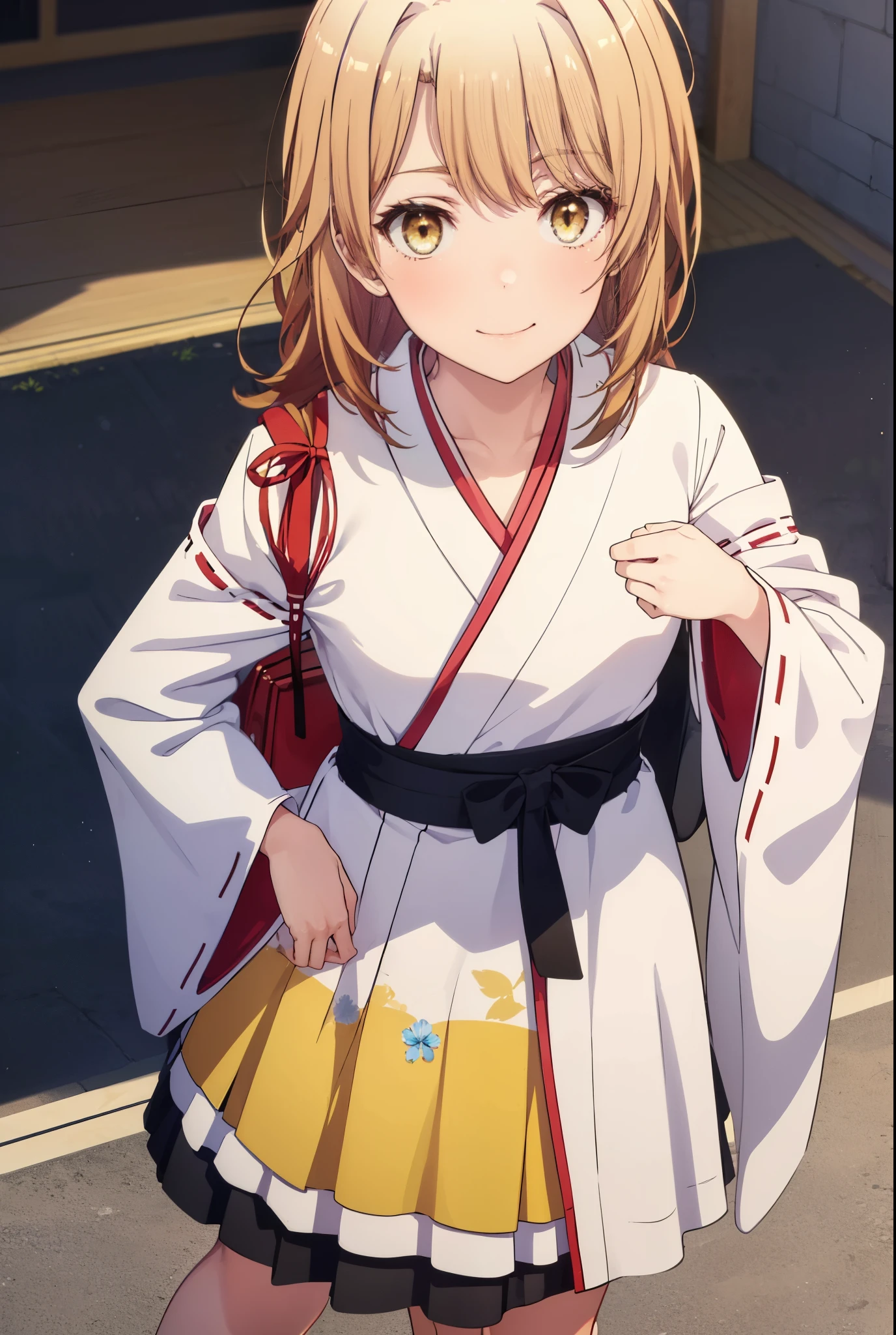 irohaisshiki, iroha isshiki, long hair, brown hair, (brown eyes:1.5), smile,Platycodon,Miko, kimono, kimono,red hakama,white foot bag,Zori sandals, same as skirt, wide sleeve, long sleeve, ribbon trim sleeves, looking down from above,
very long hair, dull bangs, low ponytail,
break outdoors, 神社
break looking at viewer, (cowboy shot:1. 5)
break (masterpiece:1.2), highest quality, High resolution, unity 8k wallpaper, (figure:0.8), (detailed and beautiful eyes:1.6), highly detailed face, perfect lighting, Very detailed CG, (perfect hands, perfect anatomy),
