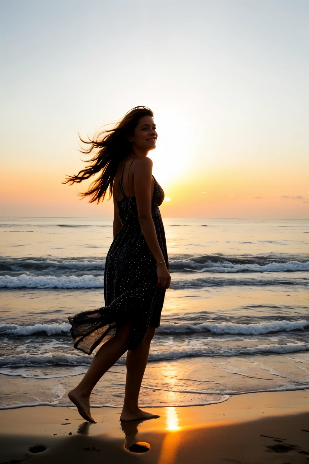 woman in beach, sunset