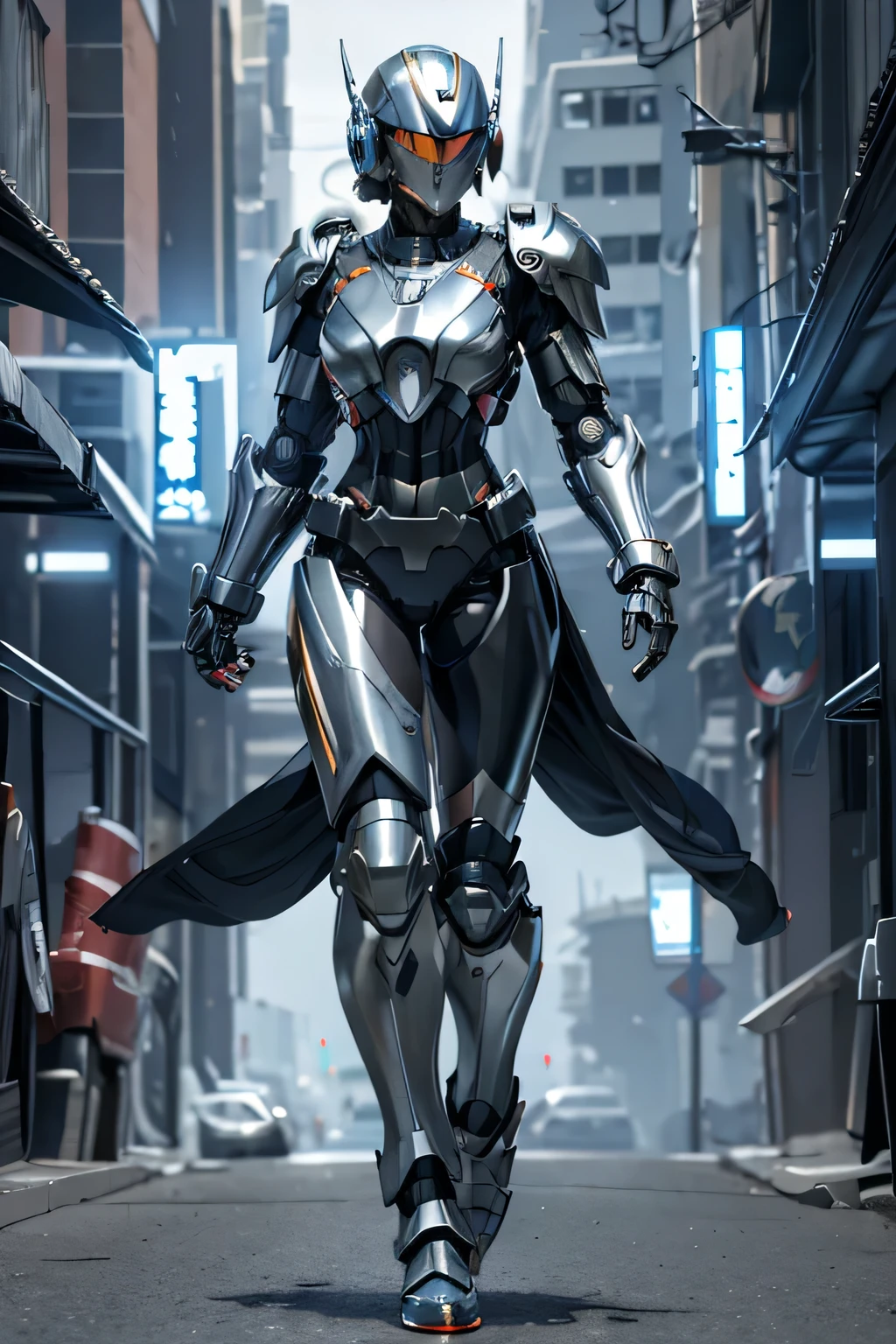 female robocop solo、Armor that completely covers the whole body、very large armor、helmet to hide eyes、rainbow armor、Armor that completely covers the chest、thin and long legs、Vibrant posel body view