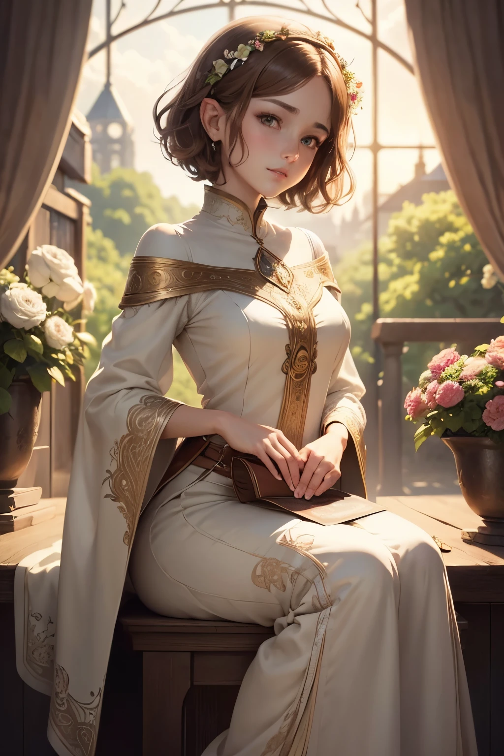 Official Art, Masterpiece European female, elvish, short hair, pale brown hair , brown eyes, (masterpiece、top-quality、hight resolution: 1.4),in 8K, Drawing of a woman with short pale brown hair, Anime Art Nouveau, highly detailed exquisite fanart, anime fantasy illustration, clean detailed anime art, detailed anime art, Sharp Focus, Delicate Beautiful Hair and Eyes and Face, realisitic, ultra-detailliert, flower garden, sunlight