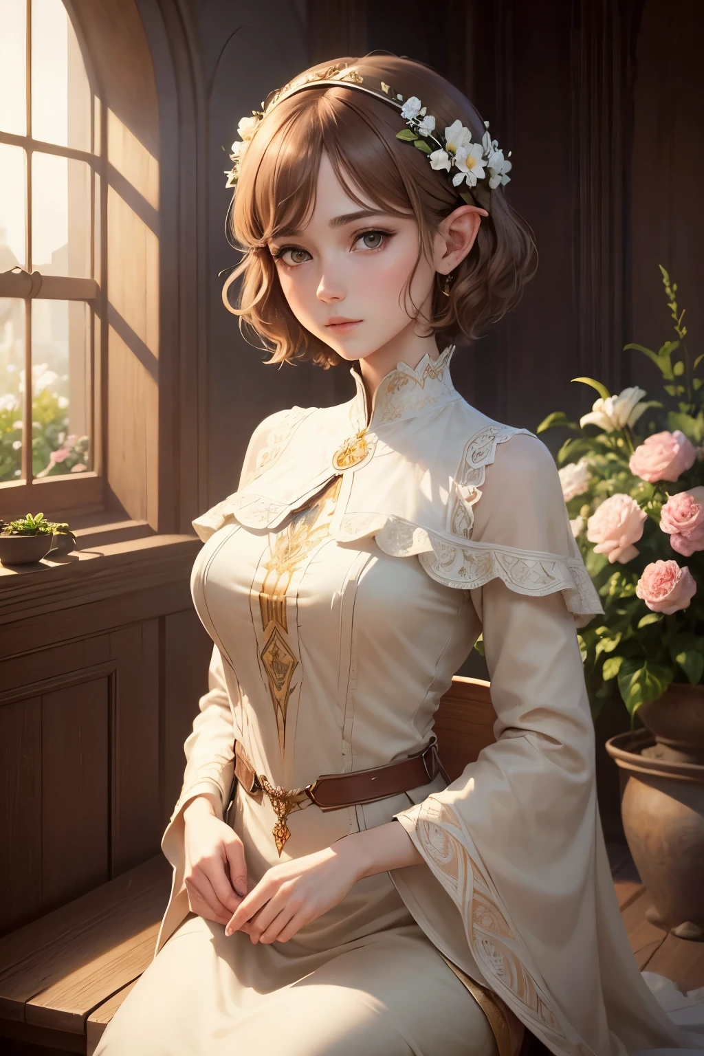 Official Art, Masterpiece European female, elvish, short hair, pale brown hair , brown eyes, (​masterpiece、top-quality、hight resolution: 1.4),in 8K, Drawing of a woman with short pale brown hair, Anime Art Nouveau, highly detailed exquisite fanart, anime fantasy illustration, clean detailed anime art, detailed anime art, Sharp Focus, Delicate Beautiful Hair and Eyes and Face, realisitic, ultra-detailliert, flower garden, sunlight
