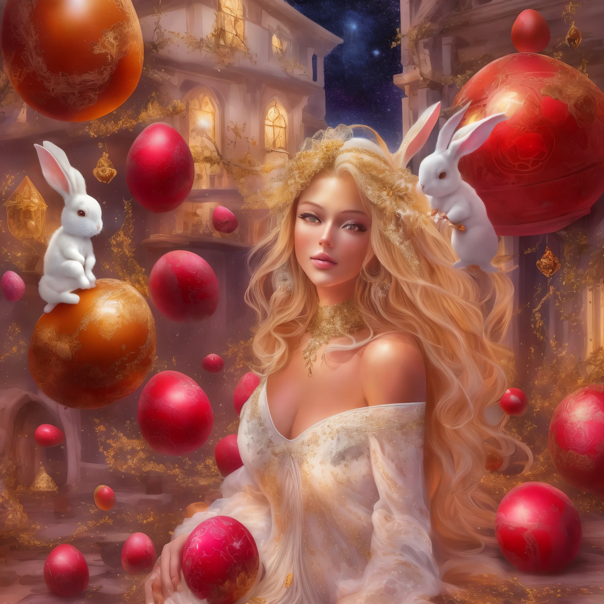 Contemple esta impressionante obra digital, where a red crystal apple, translucent and crystallized, revela uma jovem de 20 anos, ((nua, seios grandes, vagina com pelos)), envolta em luxuosas joias de ouro. Her long blonde hair dances in the wind as she wears gold sandals with eight-inch heels..., every inch adorned with dazzling diamonds. Immersed in a starry sky, is inside the apple, while all around stretches a picturesque rural town decorated for Easter. Com muitos ((white bunnies and easter eggs))The combination of celestial and earthly elements creates a scene of stunning beauty, convidando a explorar cada detalhe desta maravilha digital.