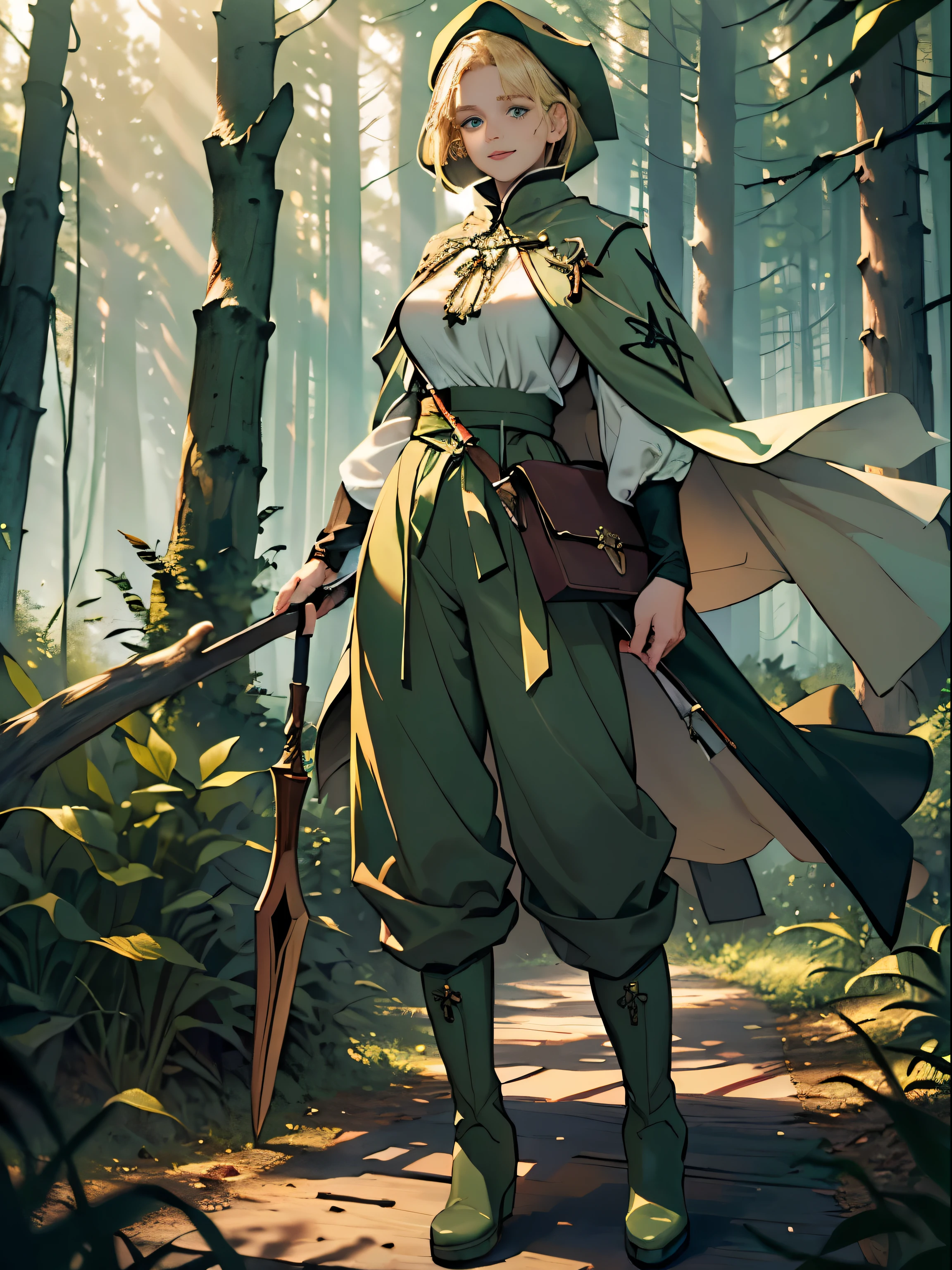 masterpiece, super detailed, 8K portrait, RAW photo, portrait photography, highly detailed face, beautiful and detailed eyes, ((fantasy)), young and beautiful, dynamic pose, kind face, smile, (((Short bob blonde hair))), ((priest)), white skin color, frugal girl, Wooden Necklace, Clergy's hat, (((long cloak))) fluttering in the wind, (((dark green priest tunic))), (((cropped pants)), (((Low boots))), ((holding a long wooden cane)), big funny bags, midday sun, surreal, body model, big breasts, beautiful breasts, long legs, ambient lighting in the forest, shadow details , Focus the camera on the thigh, strong wind, light fog