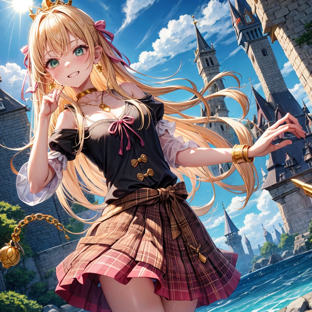 pink blonde、green eyes、one good looking girl、solo、anime、plaid mini skirt、the skirt has buttons、black camisole、black t-shirt、dress、wearing a ribbon、ribbon at waist、cloak、hood、clouds are swirling、stone slabs are piled up、one hand raised、crystal earrings、sun、teeth are visible、splash of water、monster castle、ceiling、golden key、jewelry necklace、tiara、Light and shadow