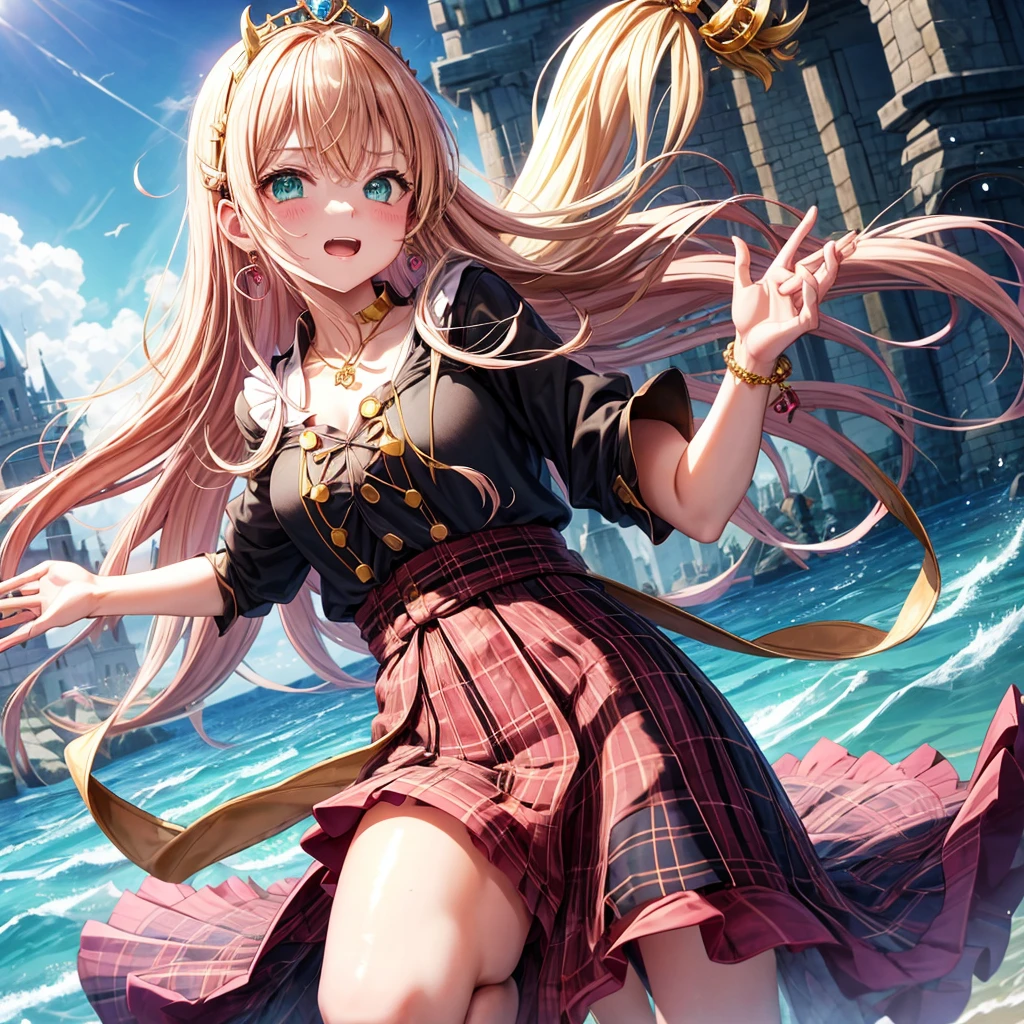 pink blonde、green eyes、one good looking girl、solo、anime、plaid mini skirt、the skirt has buttons、black camisole、black t-shirt、dress、wearing a ribbon、ribbon at waist、cloak、hood、clouds are swirling、stone slabs are piled up、one hand raised、crystal earrings、sun、teeth are visible、splash of water、monster castle、ceiling、golden key、jewelry necklace、tiara、Light and shadow