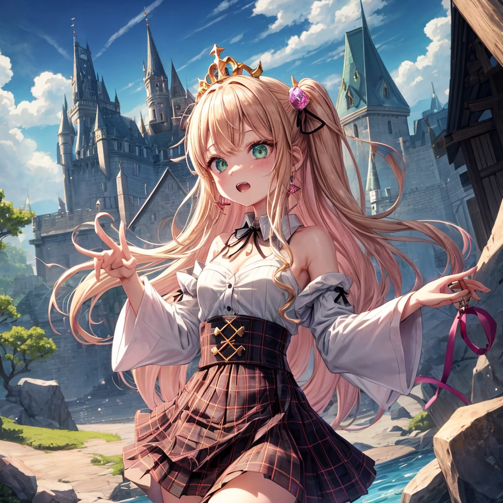 pink blonde、green eyes、one good looking girl、solo、anime、plaid mini skirt、the skirt has buttons、black camisole、black t-shirt、dress、wearing a ribbon、ribbon at waist、cloak、hood、clouds are swirling、stone slabs are piled up、one hand raised、crystal earrings、sun、teeth are visible、splash of water、monster castle、ceiling、golden key、jewelry necklace、tiara、Light and shadow