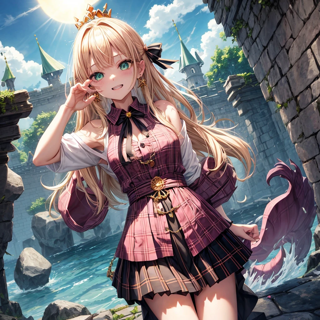 pink blonde、green eyes、one good looking girl、solo、anime、plaid mini skirt、the skirt has buttons、black camisole、black t-shirt、dress、wearing a ribbon、ribbon at waist、cloak、hood、clouds are swirling、stone slabs are piled up、one hand raised、crystal earrings、sun、teeth are visible、splash of water、monster castle、ceiling、golden key、jewelry necklace、tiara、Light and shadow