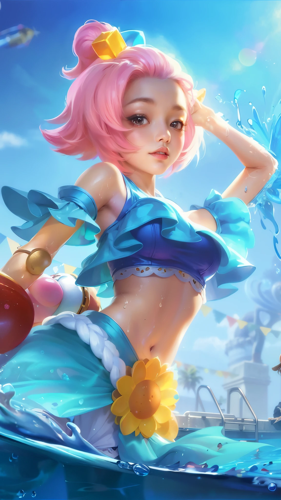 (8k, RAW photo, photorealistic:1.25) ,( lipgloss, eyelashes, gloss-face, glossy skin, best quality, ultra highres, depth of field, chromatic aberration, caustics, Broad lighting, natural shading, looking at viewer with a serene and goddess-like happiness, anime girl in a bikini top and skirt riding a wave, splash art anime , extremely detailed artgerm, cushart krenz key art feminine, ig model | artgerm, style artgerm, ! dream artgerm, artgerm on artstation pixiv, official splash art, artgerm lau, orianna, smile.