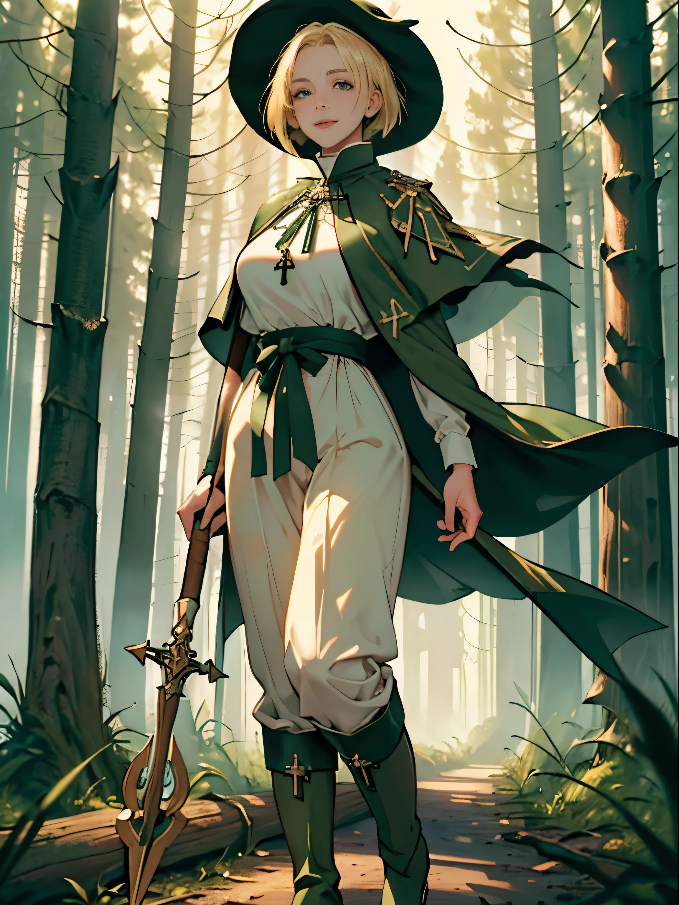 masterpiece, super detailed, 8K portrait, RAW photo, portrait photography, highly detailed face, beautiful and detailed eyes, ((fantasy)), young and beautiful, dynamic pose, kind face, smile, (((Short bob blonde hair))), ((priest)), white skin color, frugal girl, Wooden Necklace, Clergy's hat, (((long cloak))) fluttering in the wind, (((dark green over sized priest tunic))), (((cropped pants)), (((Low boots))), ((holding a long wooden cane)), big funny bags, midday sun, surreal, body model, big breasts, beautiful breasts, long legs, ambient lighting in the forest, shadow details , Focus the camera on the thigh, strong wind, light fog