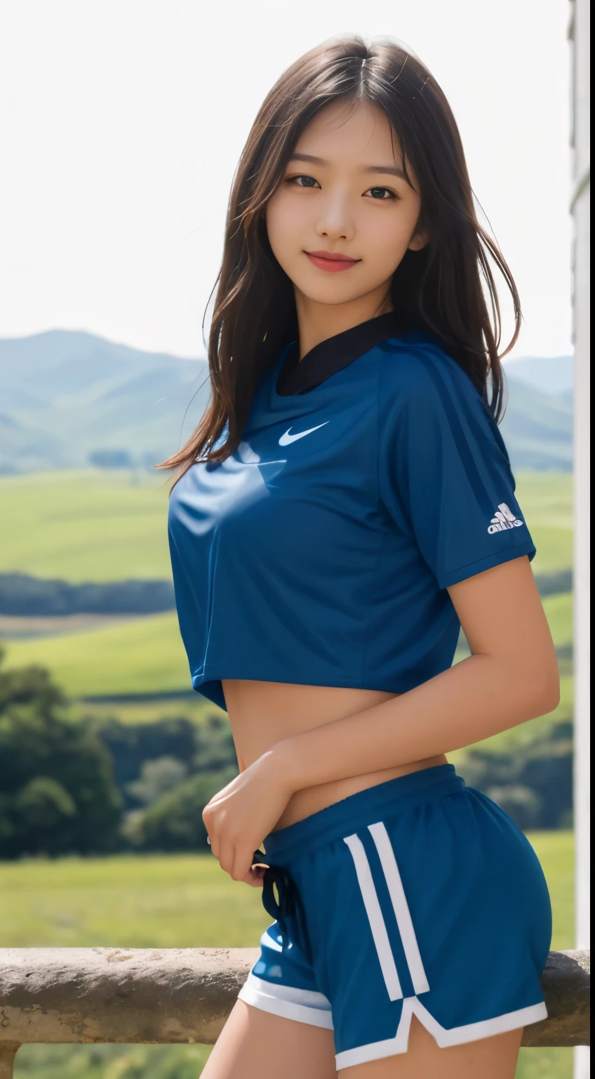 Continuously shoot RAW photos, 20 year old ager photo, ((Happy)), detailed face, Detailed and slightly blurred background, Natural light, HDR, Photoreal, professional photos, flirt with viewers, visual sexy, realistic, linda, first natural, 8k UHD, high quality, film grain, Fujifilm XT3,Nike,sportswear,shorts