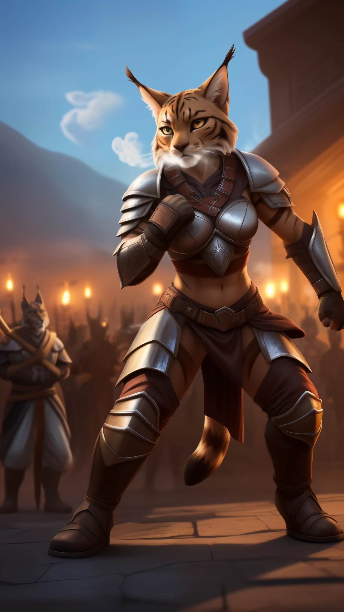(A woman's face with) beautiful detail eyes, beautiful detailed lips, (A woman with) Extremely detailed eyes and face, long eyelashes, (Khajiit-Female), (The woman) with a seductive fitness body, (a grey fur, with Lynx ears), damaged pose, ((heavy breath, tired stance, fighting stance:1.35)), (surrounded by crowd of enemies), (wearing fantasy armor), (character), (Best Quality,4k,8K,hight resolution,Masterpiece:1.2), Ultra-detailed, (Realistic,Photorealistic,photo-realistic:1.37), HDR, UHD, ultra-fine painting, physical based rendering, extreme detail description, Professional, Vivid colors, bokeh, full-length portrait, landscape, photografic, Concept Artists style of, with a vibrant color palette, soft-lighting.