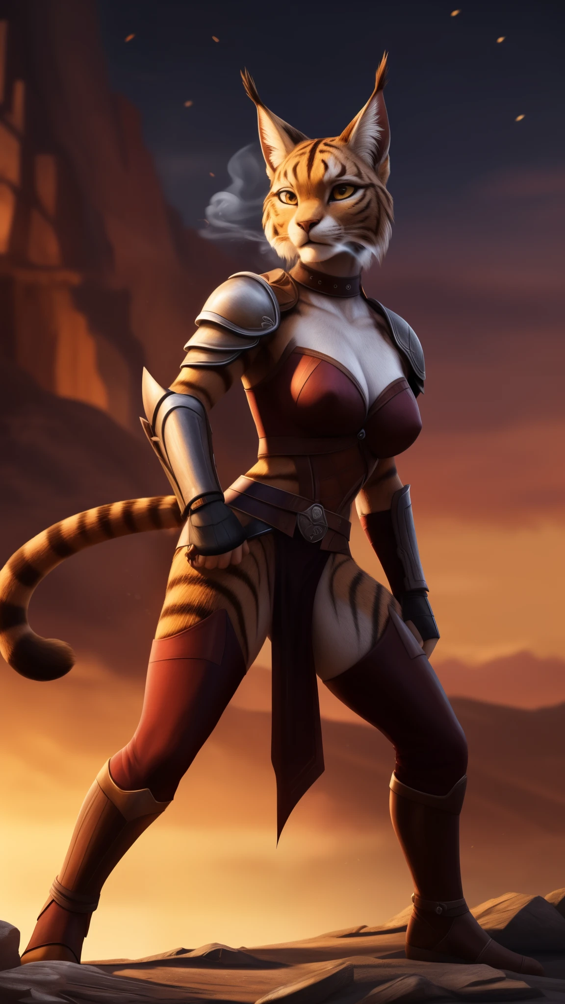 (A woman's face with) beautiful detail eyes, beautiful detailed lips, (A woman with) Extremely detailed eyes and face, long eyelashes, (Khajiit-Female), (The woman) with a seductive fitness body, (a grey fur, with Lynx ears), damaged pose, ((heavy breath, tired stance, fighting stance:1.35)), (surrounded by crowd of enemies), (wearing fantasy armor), (character), (Best Quality,4k,8K,hight resolution,Masterpiece:1.2), Ultra-detailed, (Realistic,Photorealistic,photo-realistic:1.37), HDR, UHD, ultra-fine painting, physical based rendering, extreme detail description, Professional, Vivid colors, bokeh, full-length portrait, landscape, photografic, Concept Artists style of, with a vibrant color palette, soft-lighting.