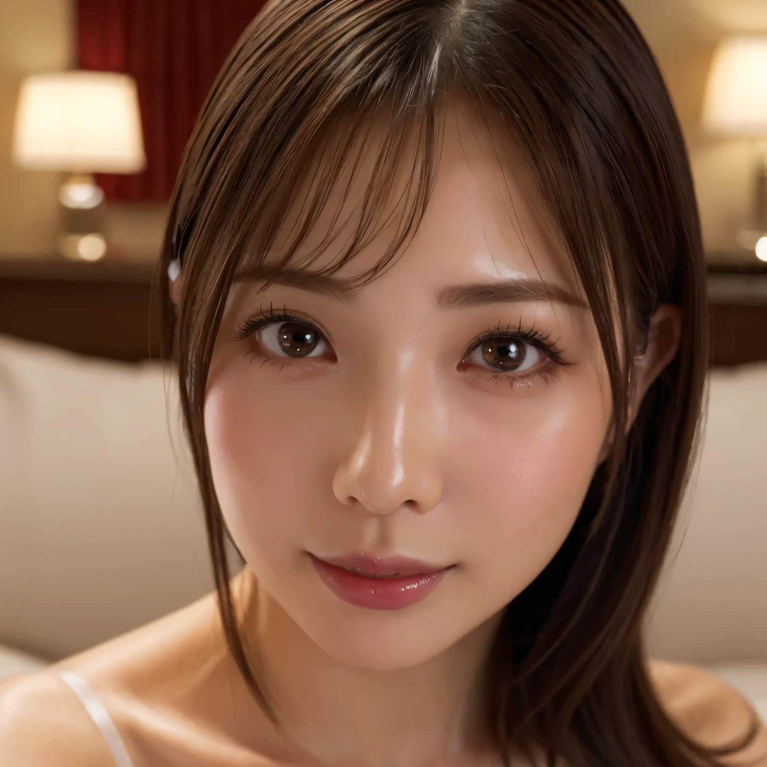 ((masterpiece, highest quality, High resolution, Photoreal, RAW photo, 8k wallpaper)), very detailed, 私を見つめる笑face、(1 45 year old Japanese mature woman:1.1)、(accurate anatomy:1.1)、 women sexy, detailed face, beautiful eyes, bangs, soft little cleavage、(finest bra)、perfect makeup、long eyelashes、lipstick、plump and beautiful lips, Beautiful and shining lips、(close-up of woman&#39;face:1.3)、(Blurred luxury love hotel bedroom:1.1)、Warm and romantic lighting, moody colors