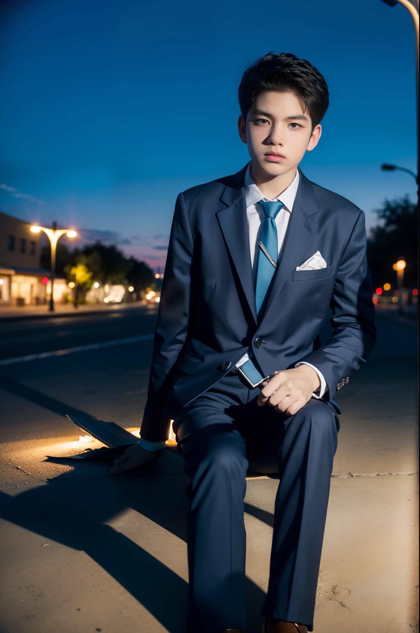 A 15 years old boy wear a tie with blue or black suit sitting on the street lamp