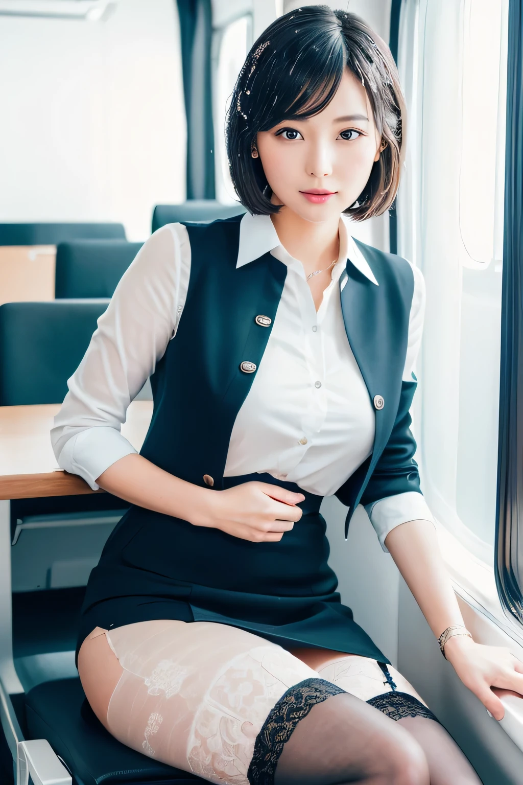 Cabin attendant, around 30 years old, (Elegant and well-proportioned body shape), (Fitted skirt), (high heels), (bob hair), (garter stocking with anklet), (spread your legs), wince,(orgasm:1.5),waiting for tongue,(Delicate and elegant light makeup), Delicate and beautiful fair skin, Detailed facial description with double beautiful eyes, Gentle eyes that shine with youth and innocence, Expressing the amazing beauty of youth, Adorable Japan Woman, A beautiful portrait that captures her enchanting charm. (8k, highest quality, masterpiece: 1.2), (Realistic and photorealistic: 1.37), (to office