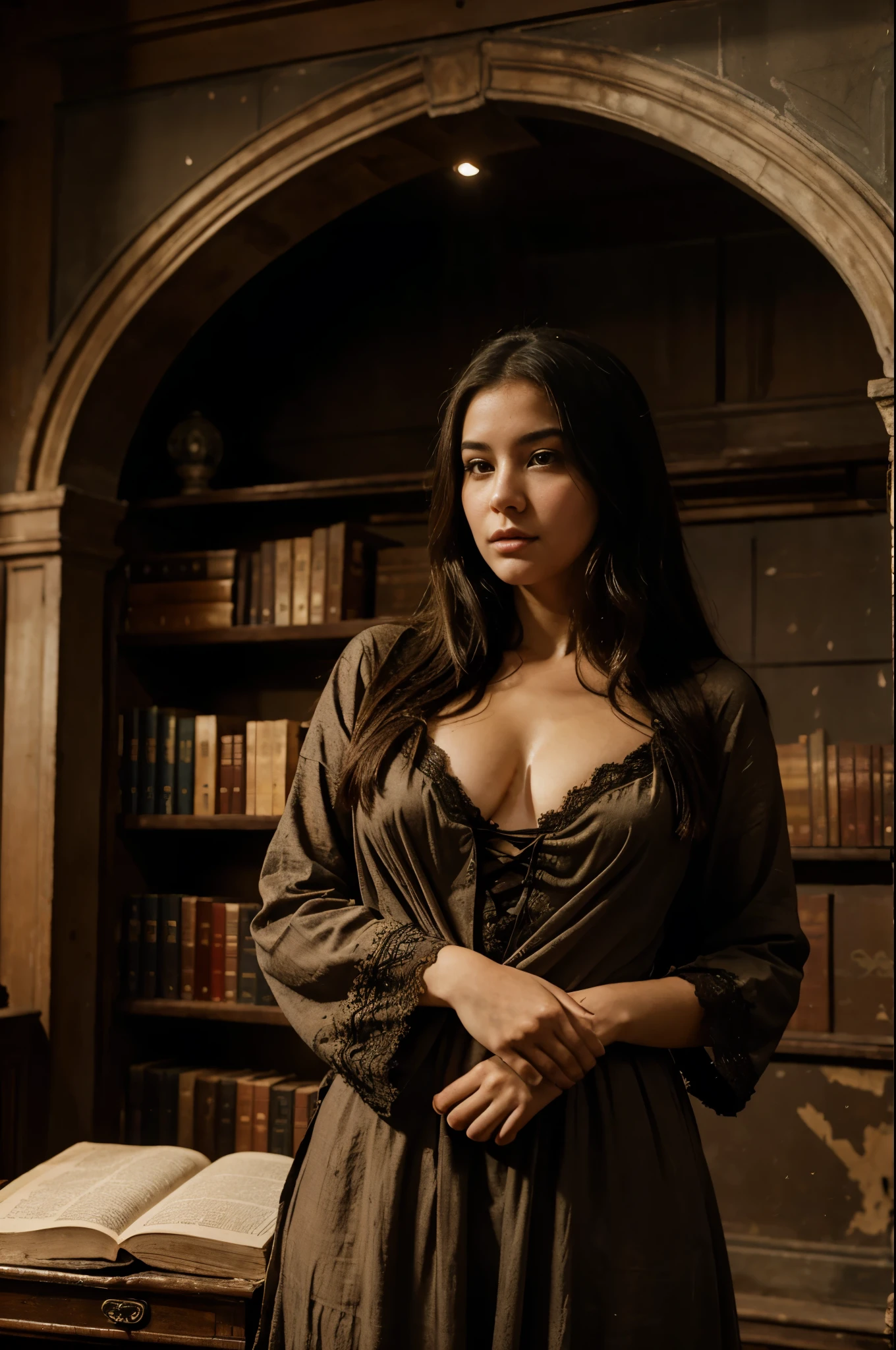 plump woman ((best quality)), ((masterpiece)), (detailed), perfect face, Imagine a majestic, abandoned library bathed in moonlight. Bookshelves reach towards the vaulted ceiling, their contents shrouded in dust and decay. Amongst the fallen tomes, a lone female figure stands frozen, her lace dress whispering of a forgotten elegance. 