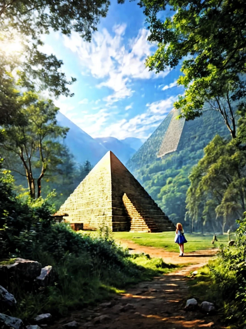 highest quality、masterpiece、ultra high resolution、(realistic:1.4)、ancient ruins、Shining pyramid、shine beautifully、Buried with huge stones、pyramid covered with ivy、girl standing in front of the pyramid