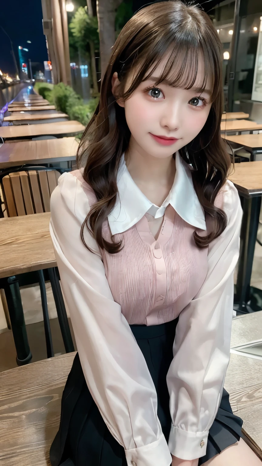 (8k, RAW photo, best quality, table top:1.2), (realistic, photorealistic:1.37), super detailed, 1 girl, cute, alone, beautifully detailed sky, detailed cafe, (night:1.2), sitting, date, (blush), (light smile:1.1), medium breast, dense and beautiful eyes, (collared shirt:1.1), tie, pleated skirt, (wavy hair:1.2), floating hair Shirt with collar:1.1), Busty tie, Pleated skirt,Floaty hair, 