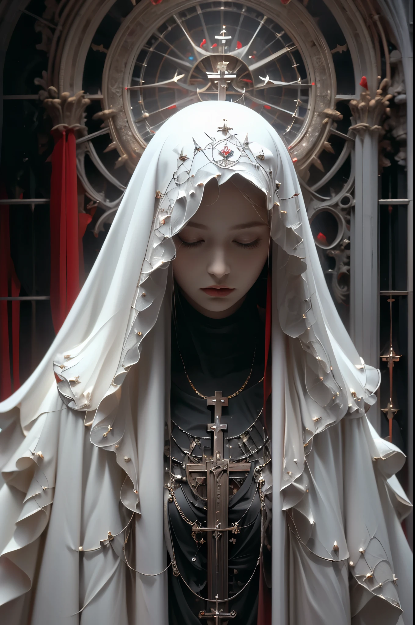 Shadrach Yaroselev&#39;s《goddess》, gothic futuristic style, Christian prayer、dark white and light red, Ultra-detailed illustrations, Ultra-high definition images, Luxury costume details, intricate garments, (Cathedral:1.6)(beautiful clear background:1.4), (transparent eye mask:1.1), (scarf:1.3)