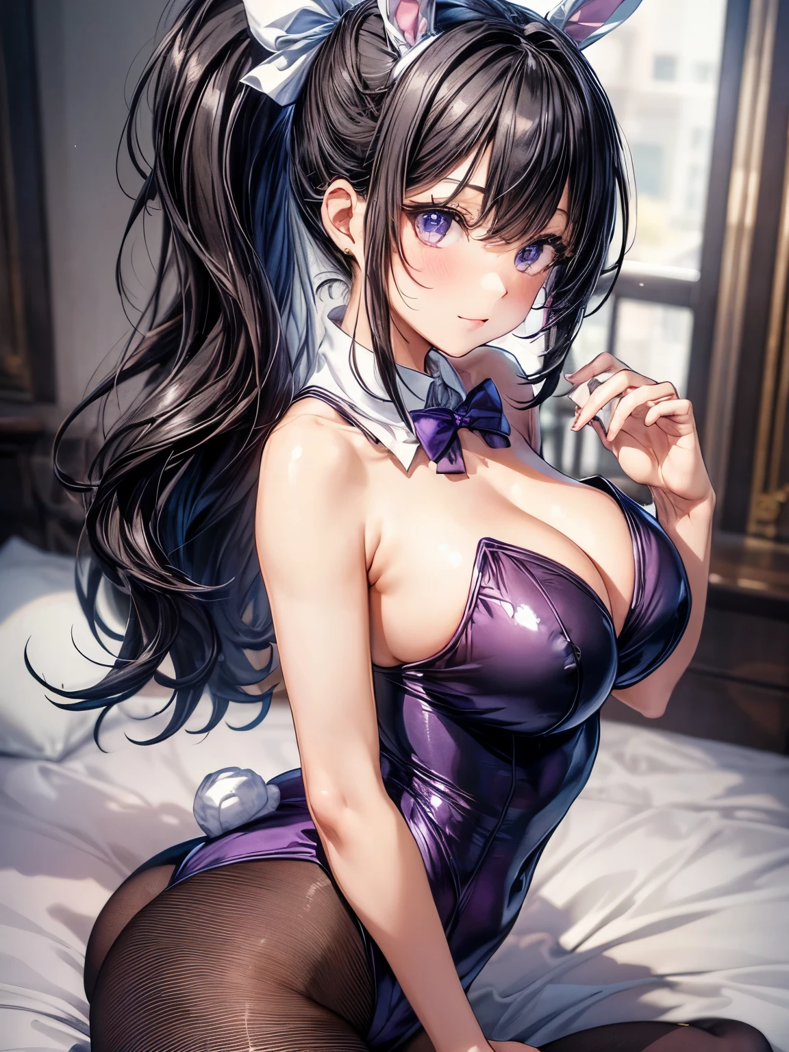 highest quality、All limbs、full finger、one beautiful woman、beautiful big breasts、bare hands、long hair、ponytail、(((black haired woman:1.3)))、(((A woman wearing a purple bunny girl leotard)))、A woman wearing a bunny girl headband、woman wearing a purple bow tie、(((woman wearing brown pantyhose)))、sit on the sofa、big smile、Leaning on the back of the sofa、my back is arched