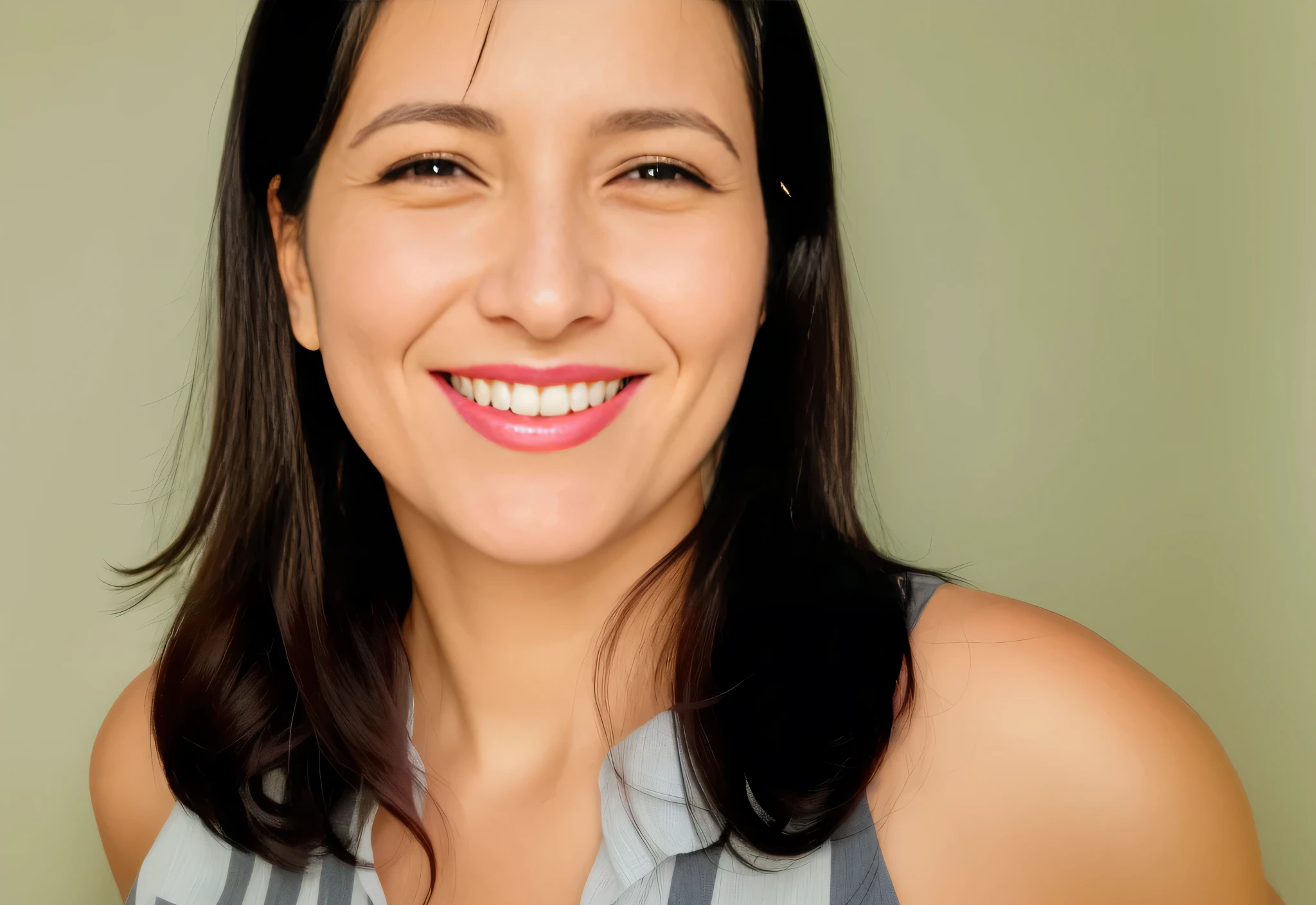 Mulher sorridente com longos cabelos pretos e camisa azul e branca, retrato frontal. Mulher com pele branca e cabelos escuros. Ela tem cerca de 45 anos. Her pink lips, seus olhos castanhos escuros, grande e charmoso. Corpo fino, cintura fina. Your body exudes glamor and your face is the definition of beauty. altamente realista, lindo, pink lips, pink lipstick, sorridente, feeling of lightness and joy, pele muito elaborada. foto clara, alta qualidade, high resolution, obra de arte, 8K.