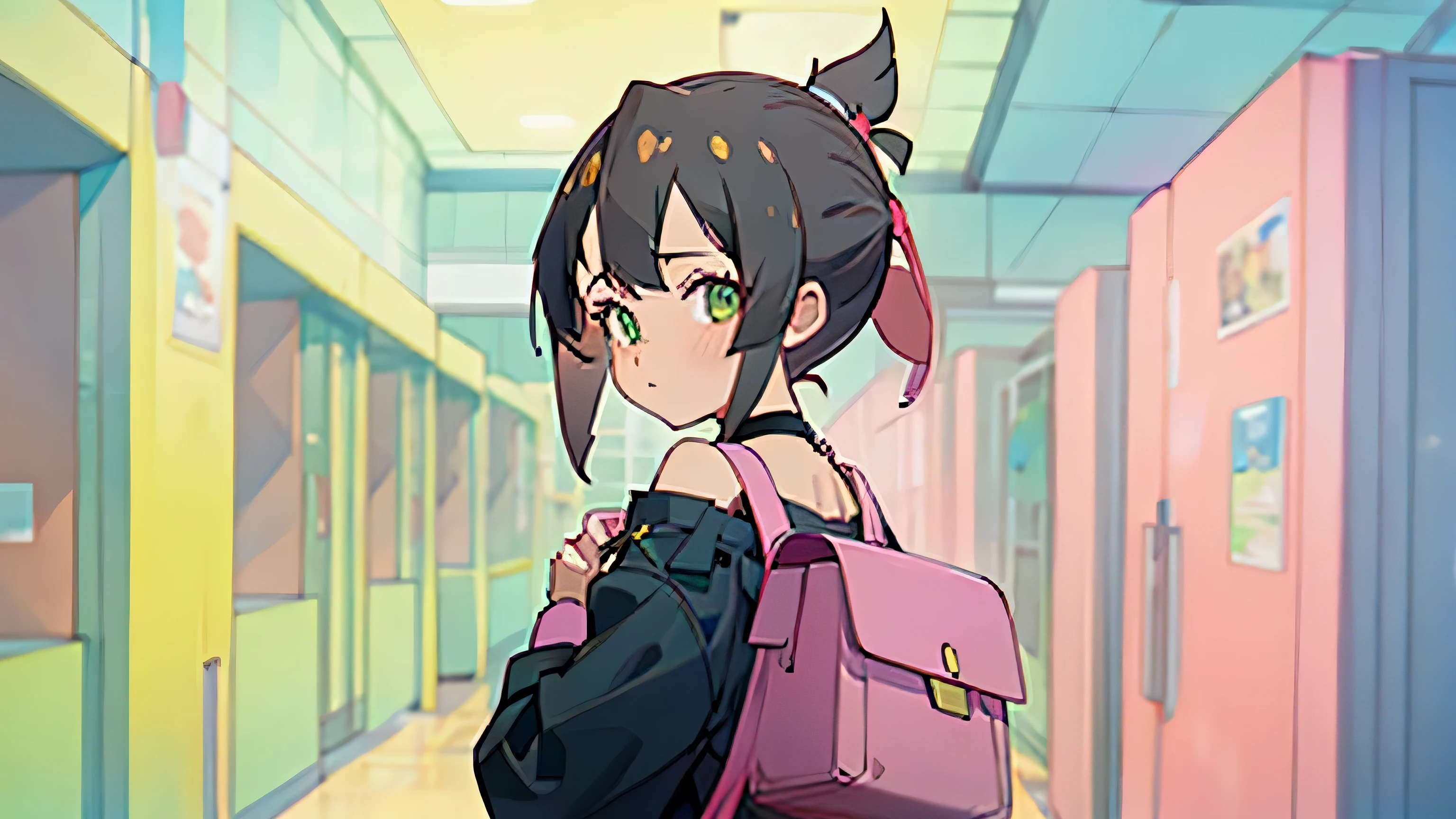 beautiful, pieces fly, highest quality, highly detailed face, perfect sentence, 1 girl, , alone, sketch, marnie (Pokemon), green eyes, asymmetrical bangs, rucksack, bag, black choker, black A jacket is a jacket, blurry, blurry background, choker, closed mouth, one piece, fuck from behind, indoor, A jacket is a jacket, long sleeve, looking at the viewer, retrospective perspective, off shoulder, pink one piece, red bag, alone