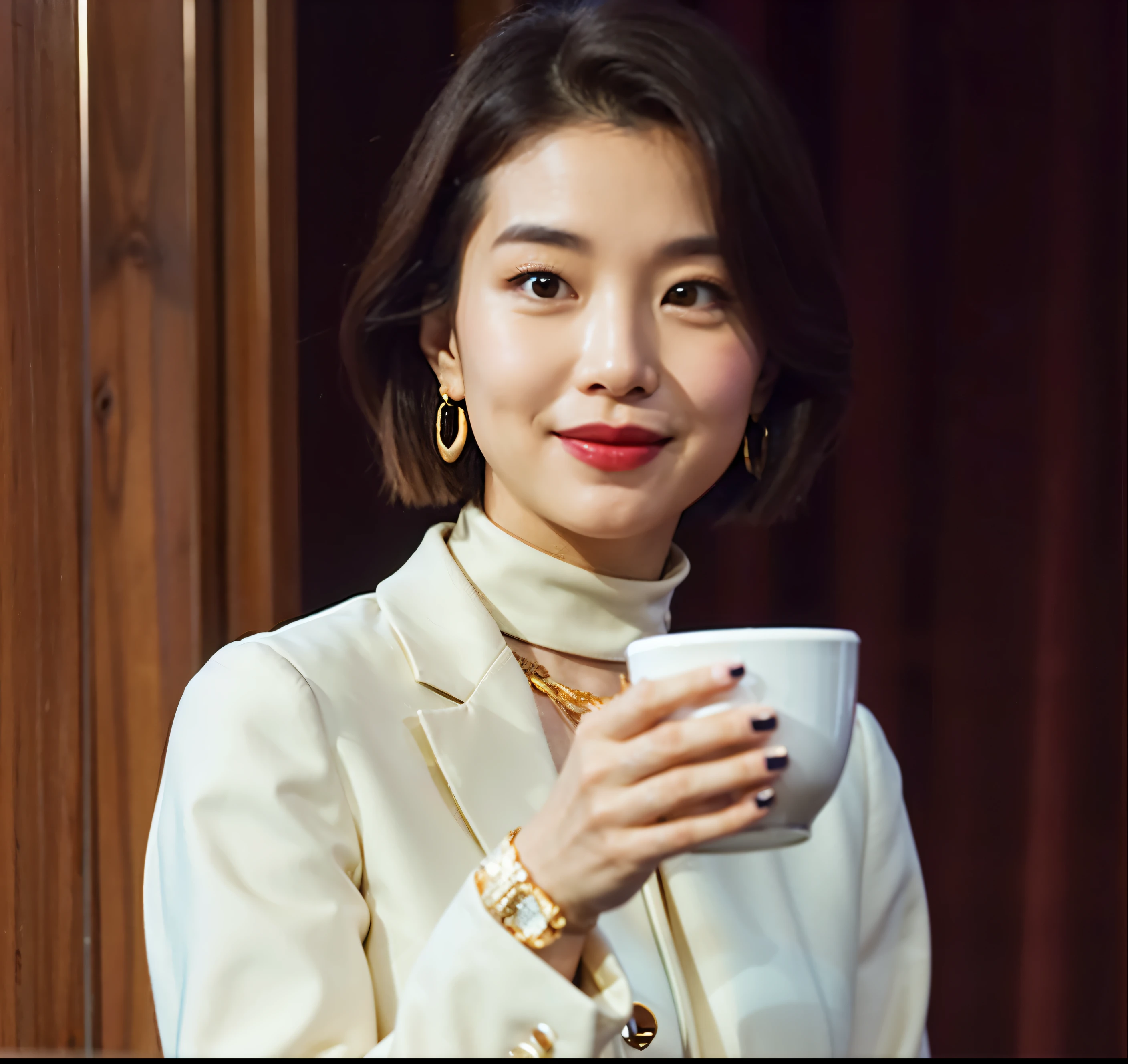 a close up of a woman holding a cup of coffee, short hair,elegant professional woman,Wear jewelry earrings,wearing gold jewellery,looking at the audience,best quality,Ultra-fine,