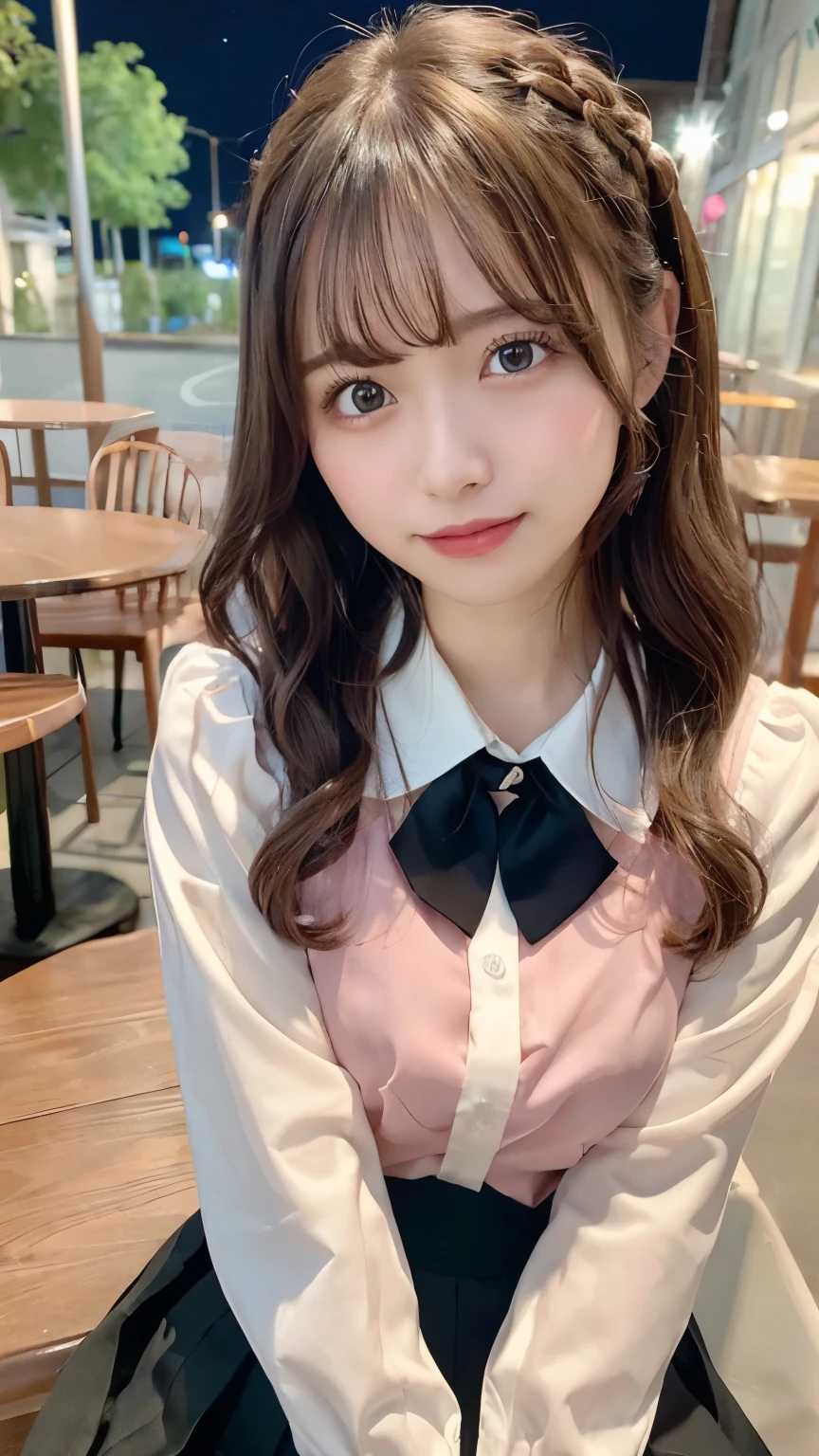 (8k, RAW photo, best quality, table top:1.2), (realistic, photorealistic:1.37), super detailed, 1 girl, cute, alone, beautifully detailed sky, detailed cafe, (night:1.2), sitting, date, (blush), (light smile:1.1), medium breast, dense and beautiful eyes, (collared shirt:1.1), tie, pleated skirt, (wavy hair:1.2), floating hair Shirt with collar:1.1), Busty tie, Pleated skirt,Floaty hair, 