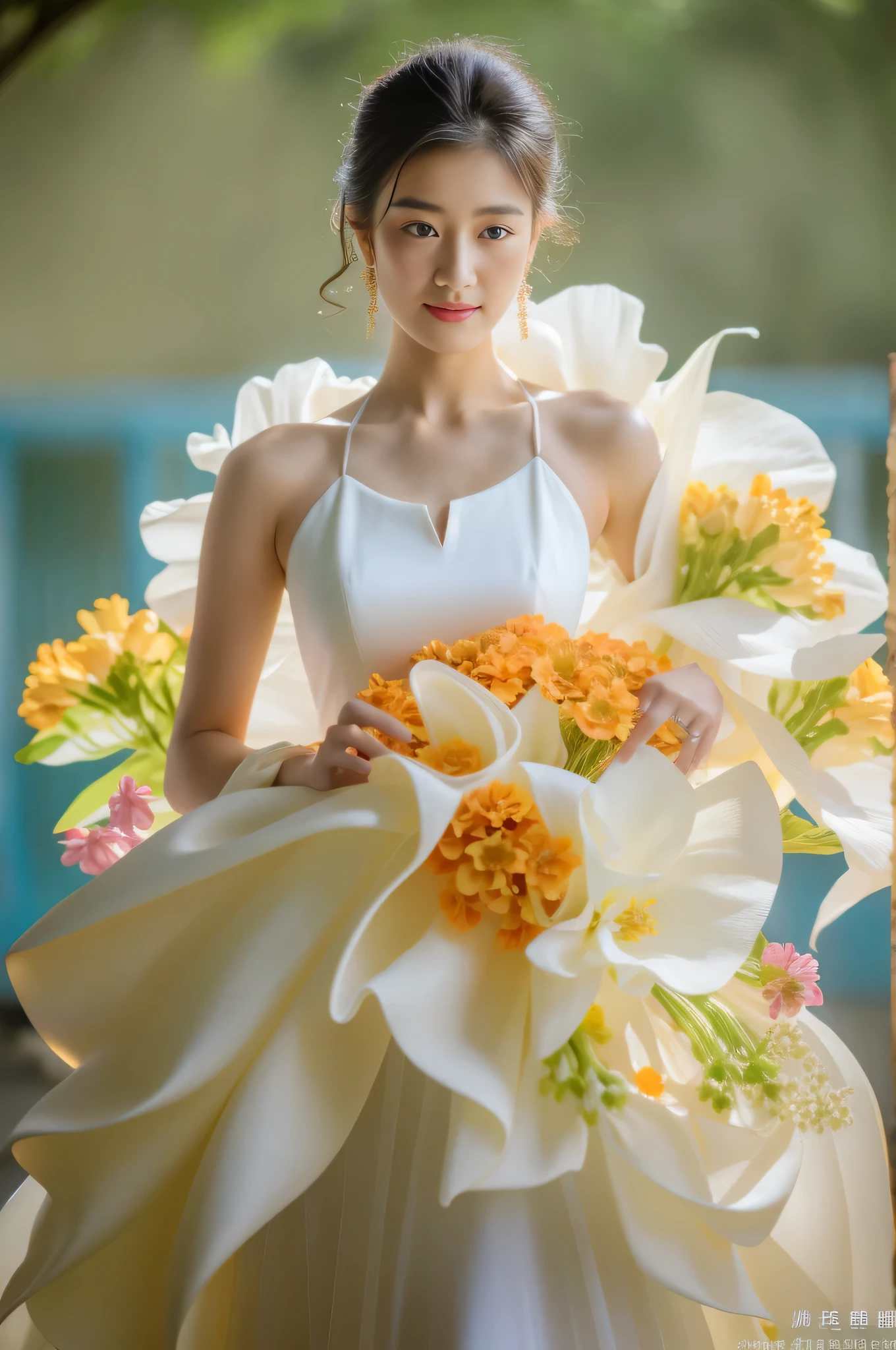 arafed woman in a white dress with large flowers on her dress, inspired by Liu Haisu, made of silk paper, robe. extremely high details, floral couture, inspired by Ruan Jia, flowing gown, dressed beautiful gown, intricate gown, sha xi, inspired by Huang Ji, inspired by Wen Jia, yanjun chengt, an intricate dress