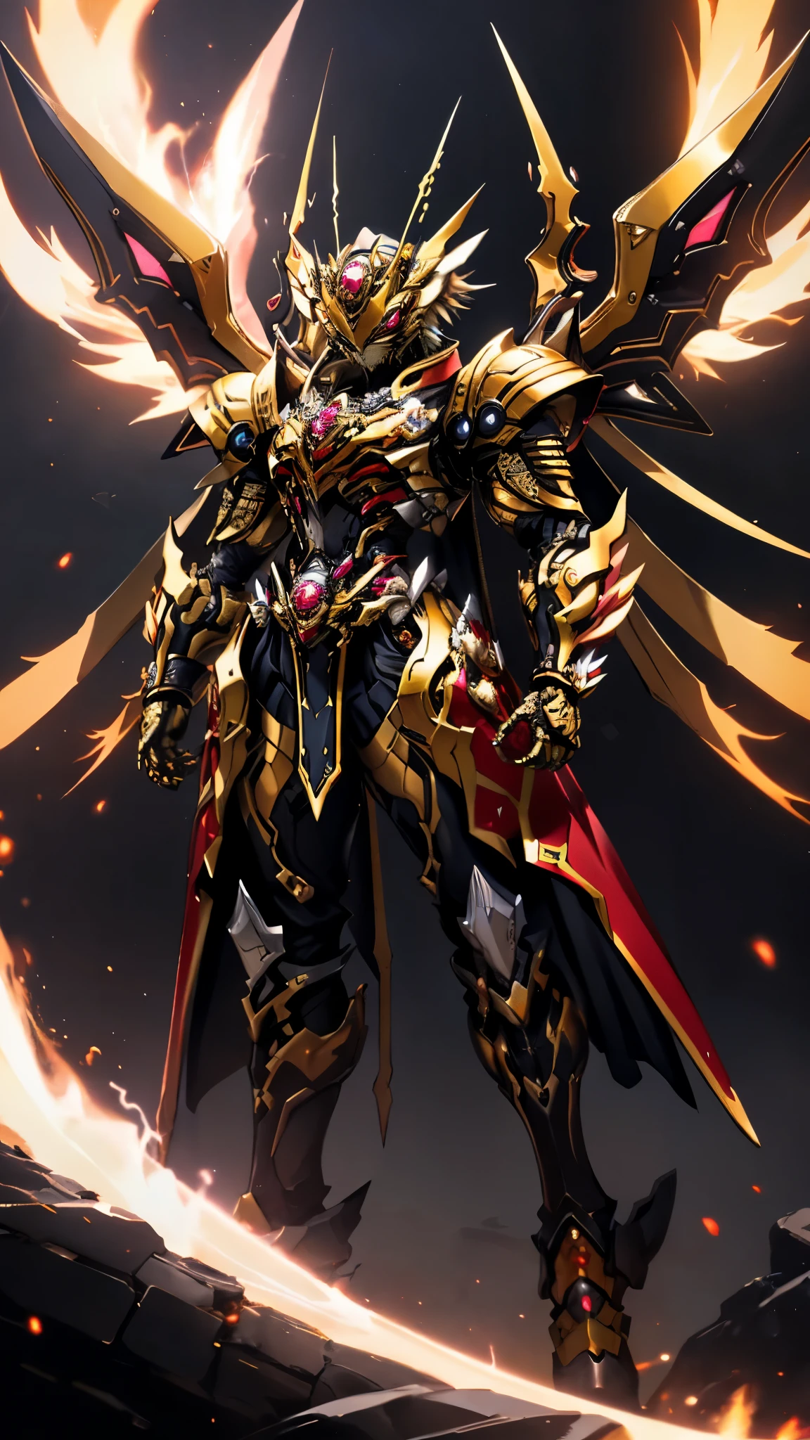 A woman adorned in fantasy-style full-body armor, a crown-concept fully enclosed helmet that unveils only her eyes, a composite layered chest plate, fully encompassing shoulder and hand guards, a lightweight waist armor, form-fitting shin guards, the overall design is heavy-duty yet flexible, ((the armor gleams with a golden glow, complemented by red and blue accents)), exhibiting a noble aura, she floats above a fantasy-surreal high-tech city, this character embodies a finely crafted fantasy-surreal style armored hero in anime style, exquisite and mature manga art style, (Queen bee mixed with Spider concept Armor, plasma, blood), ((Element, energy, elegant, goddess, femminine:1.5)), metallic, high definition, best quality, highres, ultra-detailed, ultra-fine painting, extremely delicate, professional, anatomically correct, symmetrical face, extremely detailed eyes and face, high quality eyes, creativity, RAW photo, UHD, 32k, Natural light, cinematic lighting, masterpiece-anatomy-perfect, masterpiece:1.5