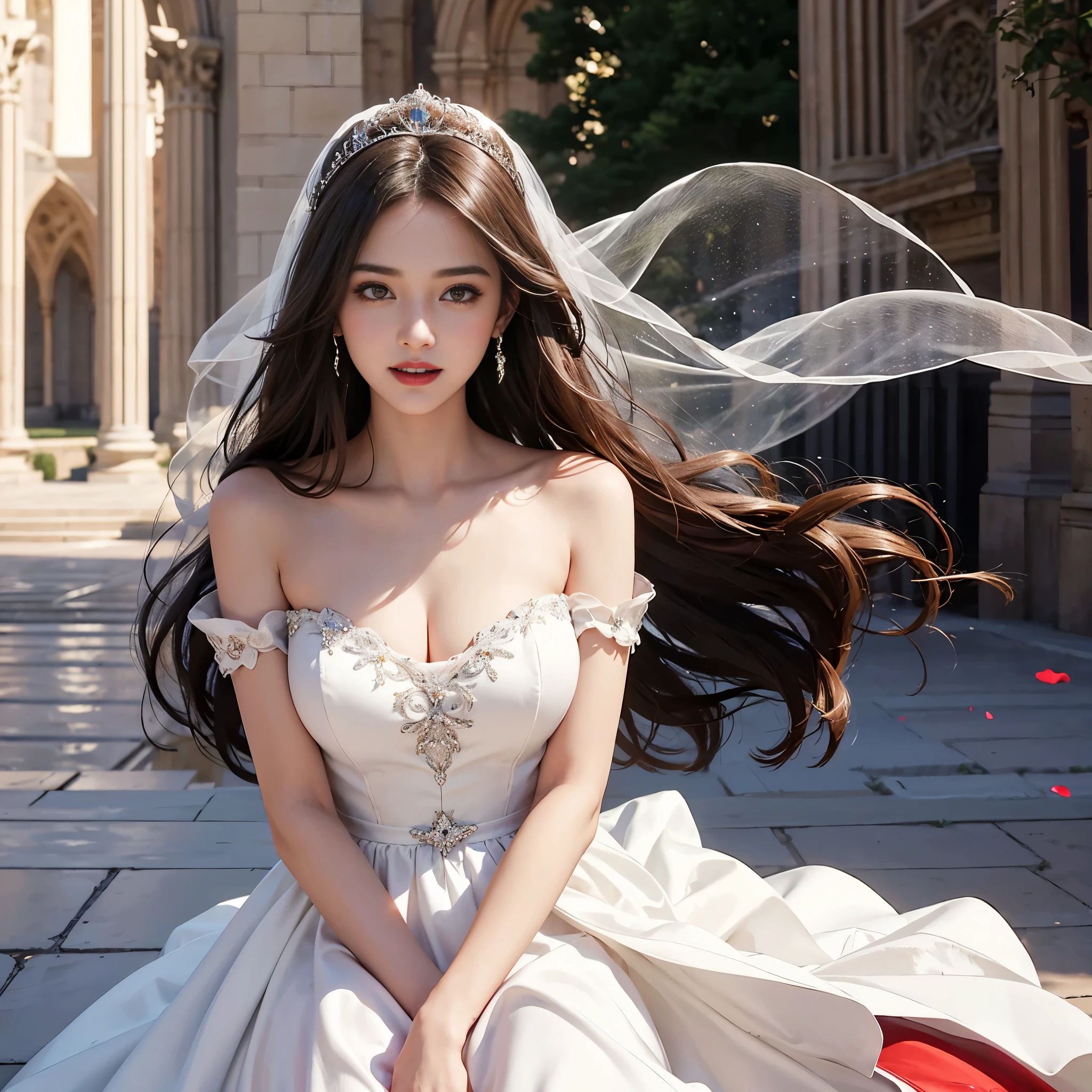 8 thousand, Ultra HD, masterpiece, best quality, 1 girl, Very pretty, nice face, detailed eyes, huge laugh, shiny lips, detailed eyes, medium chest, beautiful, cute teen, sweet, sun glare, Conservative attire, bell-line wedding dress, bridal tiara, bridal veil, bouquet, depth of field, blurred background, Cathedral Background, light particles, strong wind, head tilt, long hair
