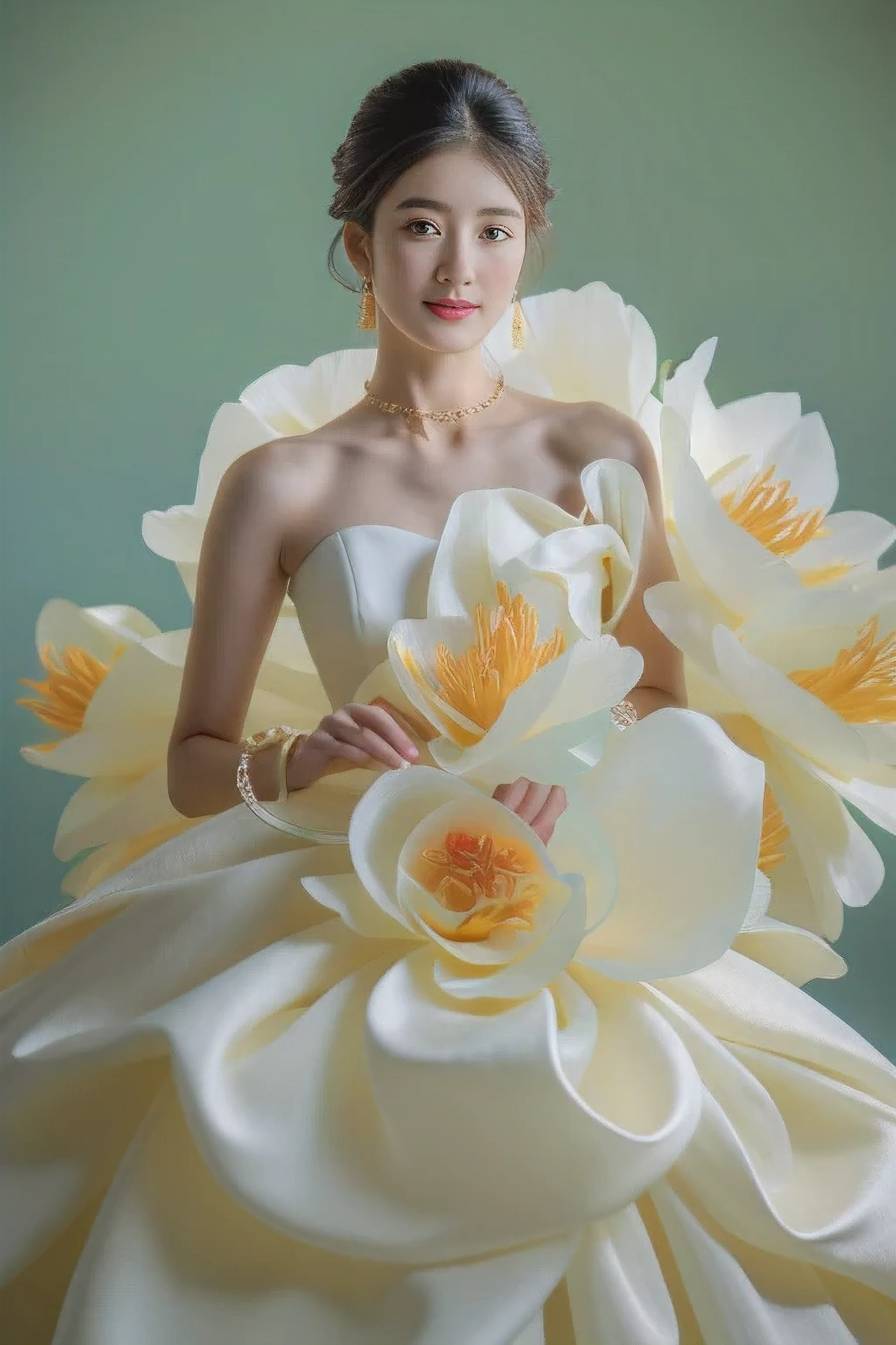 arafed woman in a white dress with large flowers on her dress, inspired by Liu Haisu, made of silk paper, robe. extremely high details, floral couture, inspired by Ruan Jia, flowing gown, dressed beautiful gown, intricate gown, sha xi, inspired by Huang Ji, inspired by Wen Jia, yanjun chengt, an intricate dress