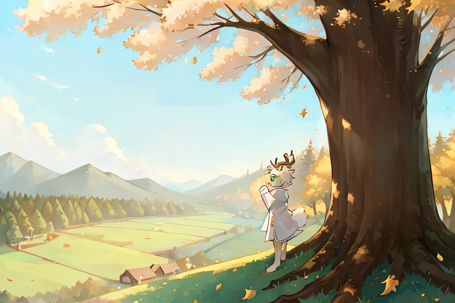 a white deer，Green pupils，antlers，Lovely shota，standing on the grassland，Idyllic village，vast sky，Giant trees，Falling leaves，hillside，white robe，flowing robe，Green décor，out a hand