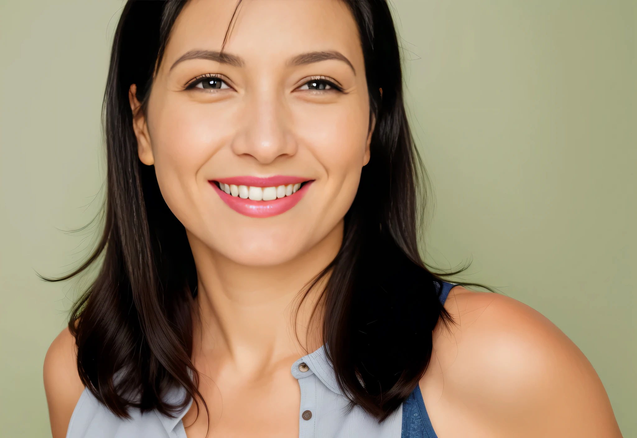 Mulher sorridente com longos cabelos pretos e camisa azul e branca, retrato frontal. Mulher com pele branca e cabelos escuros. Ela tem cerca de 45 anos. Her pink lips, seus olhos castanhos escuros, grande e charmoso. Corpo fino, cintura fina. Your body exudes glamor and your face is the definition of beauty. altamente realista, lindo, pink lips, pink lipstick, sorridente, feeling of lightness and joy, pele muito elaborada. foto clara, alta qualidade, high resolution, obra de arte, 8K.