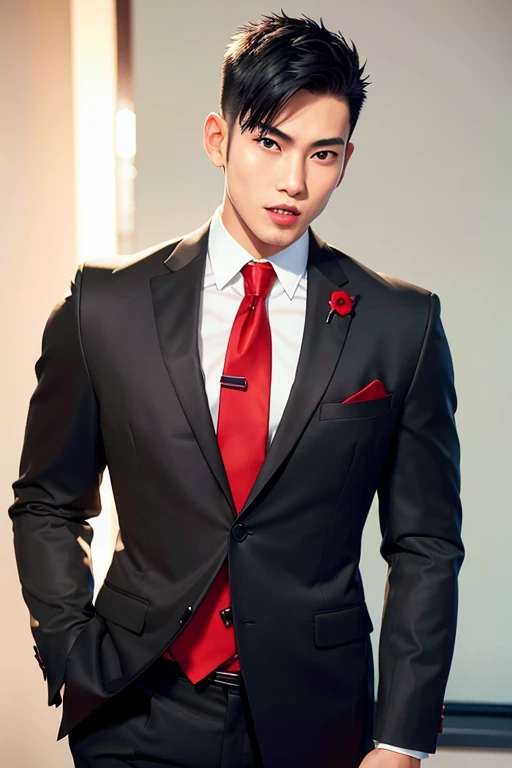 1 boy, Japanese male, (male:1.5), nice smile, grey eyes, slanted, (very short hair:1.3), under_cut, pompadour, ((formal)), ((black suit, red tie)), (((handsome, sharp, wild face,))), (sturdy muscular body), (physical strong)), (strong, muscular body), (strong), (strong), (strong), (strong)
Software, Outdoors, Detailed Background, Modern Metropolis,.