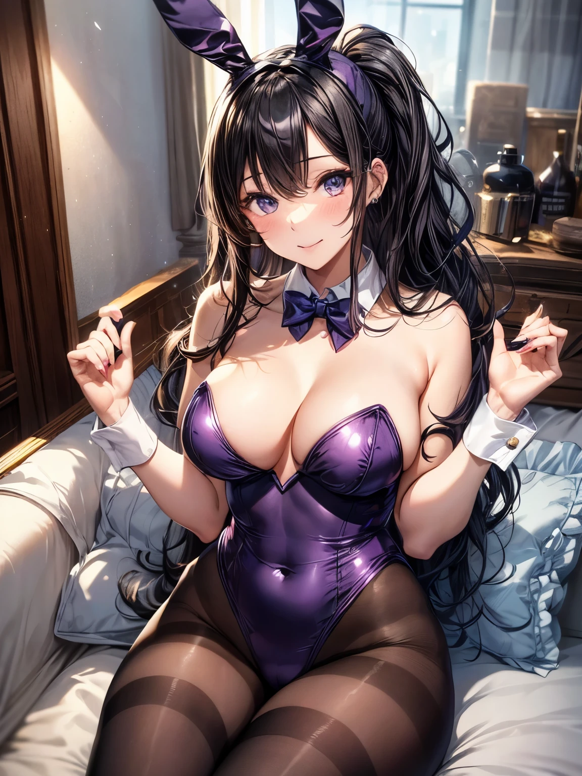 highest quality、All limbs、full finger、one beautiful woman、beautiful big breasts、bare hands、long hair、ponytail、(((black haired woman:1.3)))、(((A woman wearing a purple bunny girl leotard)))、A woman wearing a bunny girl headband、woman wearing a purple bow tie、(((woman wearing brown pantyhose)))、sit on the sofa、big smile
