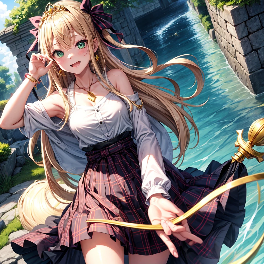 pink blonde、green eyes、one good looking girl、solo、anime、plaid mini skirt、the skirt has buttons、black camisole、black t-shirt、dress、wearing a ribbon、ribbon at waist、cloak、hood、clouds are swirling、stone slabs are piled up、one hand raised、crystal earrings、sun、teeth are visible、splash of water、monster castle、ceiling、golden key、jewelry necklace、tiara、Light and shadow
