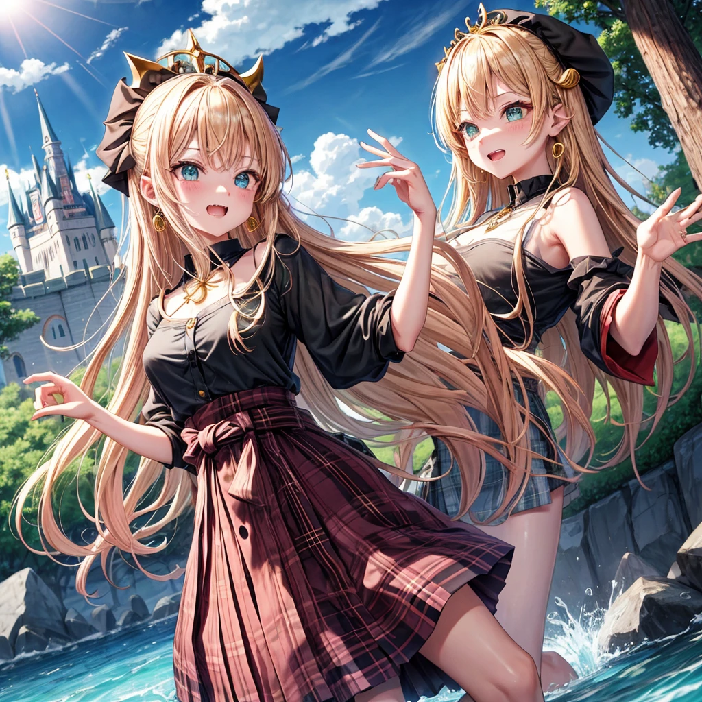 pink blonde、green eyes、one good looking girl、solo、anime、plaid mini skirt、the skirt has buttons、black camisole、black t-shirt、dress、wearing a ribbon、ribbon at waist、cloak、hood、clouds are swirling、stone slabs are piled up、one hand raised、crystal earrings、sun、teeth are visible、splash of water、monster castle、ceiling、golden key、jewelry necklace、tiara、Light and shadow