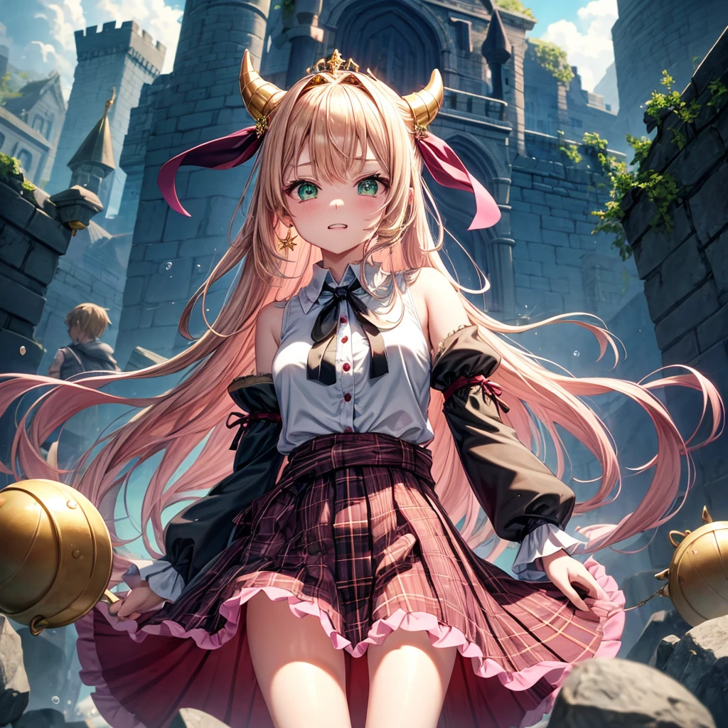pink blonde、green eyes、one good looking girl、solo、anime、plaid mini skirt、the skirt has buttons、black camisole、black t-shirt、dress、wearing a ribbon、ribbon at waist、cloak、hood、clouds are swirling、stone slabs are piled up、one hand raised、crystal earrings、sun、teeth are visible、splash of water、monster castle、ceiling、golden key、jewelry necklace、tiara、Light and shadow