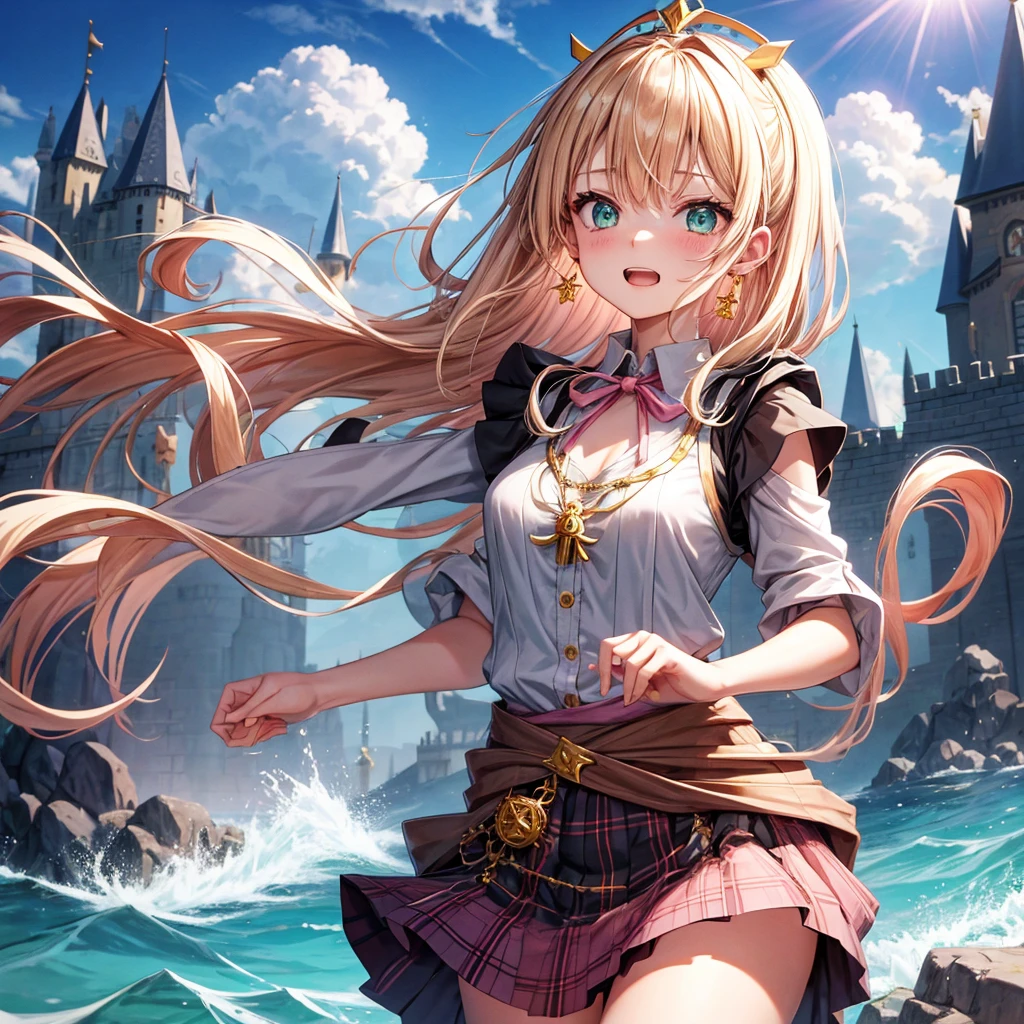 pink blonde、green eyes、one good looking girl、solo、anime、plaid mini skirt、the skirt has buttons、black camisole、black t-shirt、dress、wearing a ribbon、ribbon at waist、cloak、hood、clouds are swirling、stone slabs are piled up、one hand raised、crystal earrings、sun、teeth are visible、splash of water、monster castle、ceiling、golden key、jewelry necklace、tiara、Light and shadow