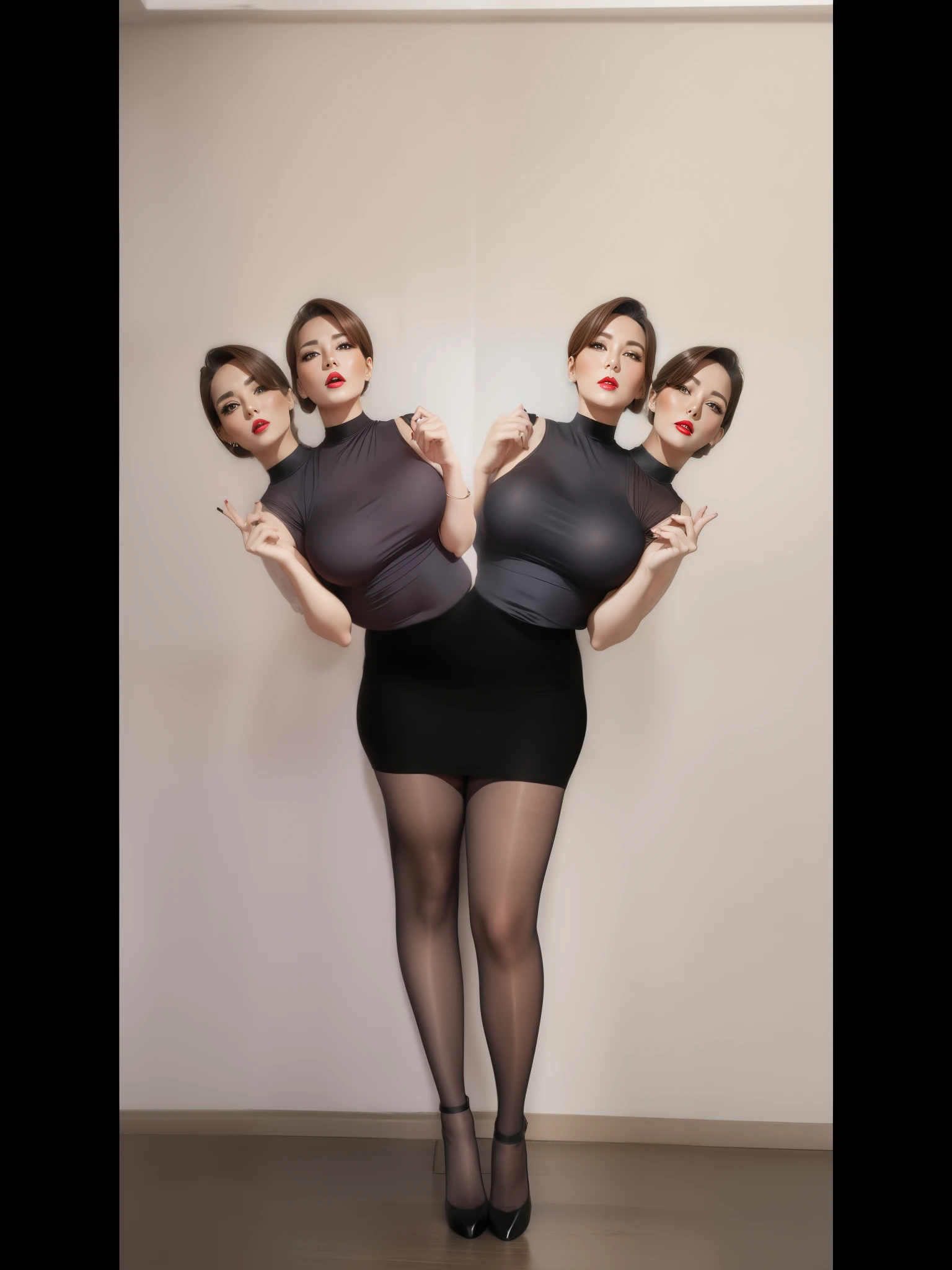 2 heads,Photo of a 50 year old woman with brown hair, captivating gaze, brown eyes, wrinkles on her face, black pantyhose,black high heel boots,she wears very sexy lingerie underwear、、reveals her big saggy breasts, light makeup and red lips. 32K