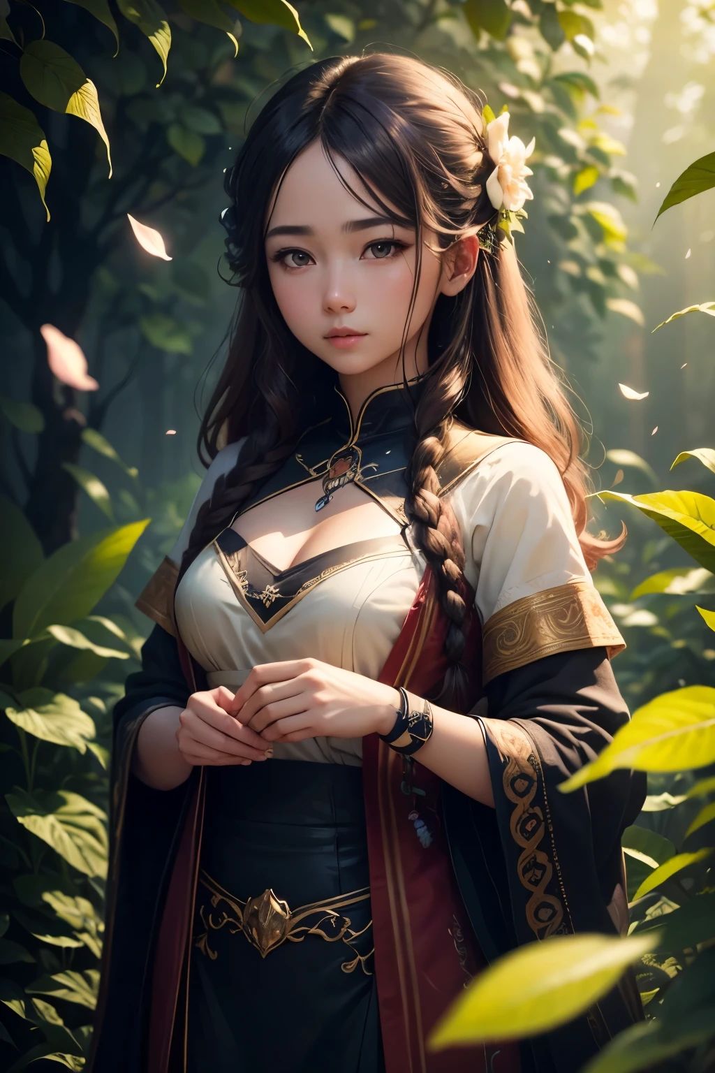 Masterpiece, best quality, (very detailed CG unity 8k wallpaper) (best quality), (best illustration), (best shadows) Nature's delicate leaves petals of various colors falling in the air light Tracking, super detailed --v6