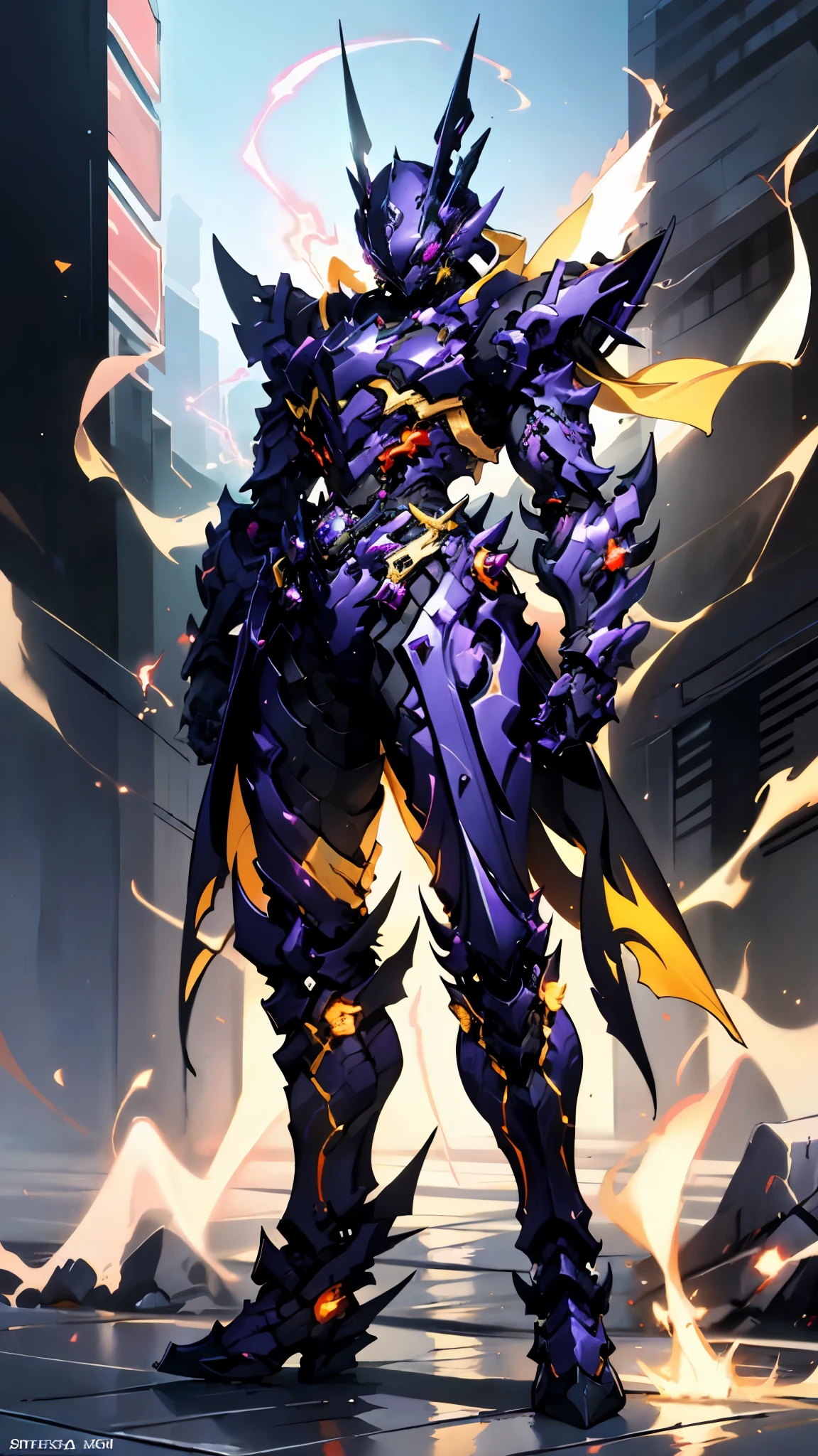 A woman adorned in fantasy-style full-body armor, a crown-concept fully enclosed helmet that unveils only her eyes, a composite layered chest plate, fully encompassing shoulder and hand guards, a lightweight waist armor, form-fitting shin guards, the overall design is heavy-duty yet flexible, ((the armor gleams with a golden glow, complemented by red and blue accents)), exhibiting a noble aura, she floats above a fantasy-surreal high-tech city, this character embodies a finely crafted fantasy-surreal style armored hero in anime style, exquisite and mature manga art style, (Queen bee mixed with Spider concept Armor, plasma, blood), ((Element, energy, elegant, goddess, femminine:1.5)), metallic, high definition, best quality, highres, ultra-detailed, ultra-fine painting, extremely delicate, professional, anatomically correct, symmetrical face, extremely detailed eyes and face, high quality eyes, creativity, RAW photo, UHD, 32k, Natural light, cinematic lighting, masterpiece-anatomy-perfect, masterpiece:1.5