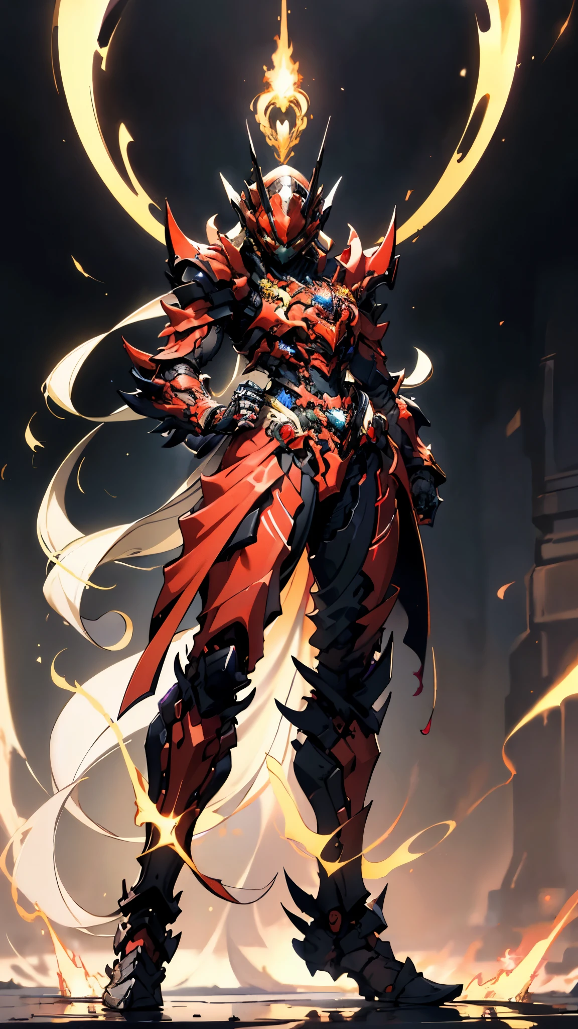 A woman adorned in fantasy-style full-body armor, a crown-concept fully enclosed helmet that unveils only her eyes, a composite layered chest plate, fully encompassing shoulder and hand guards, a lightweight waist armor, form-fitting shin guards, the overall design is heavy-duty yet flexible, ((the armor gleams with a golden glow, complemented by red and blue accents)), exhibiting a noble aura, she floats above a fantasy-surreal high-tech city, this character embodies a finely crafted fantasy-surreal style armored hero in anime style, exquisite and mature manga art style, (Queen bee mixed with Spider concept Armor, plasma, blood), ((Element, energy, elegant, goddess, femminine:1.5)), metallic, high definition, best quality, highres, ultra-detailed, ultra-fine painting, extremely delicate, professional, anatomically correct, symmetrical face, extremely detailed eyes and face, high quality eyes, creativity, RAW photo, UHD, 32k, Natural light, cinematic lighting, masterpiece-anatomy-perfect, masterpiece:1.5