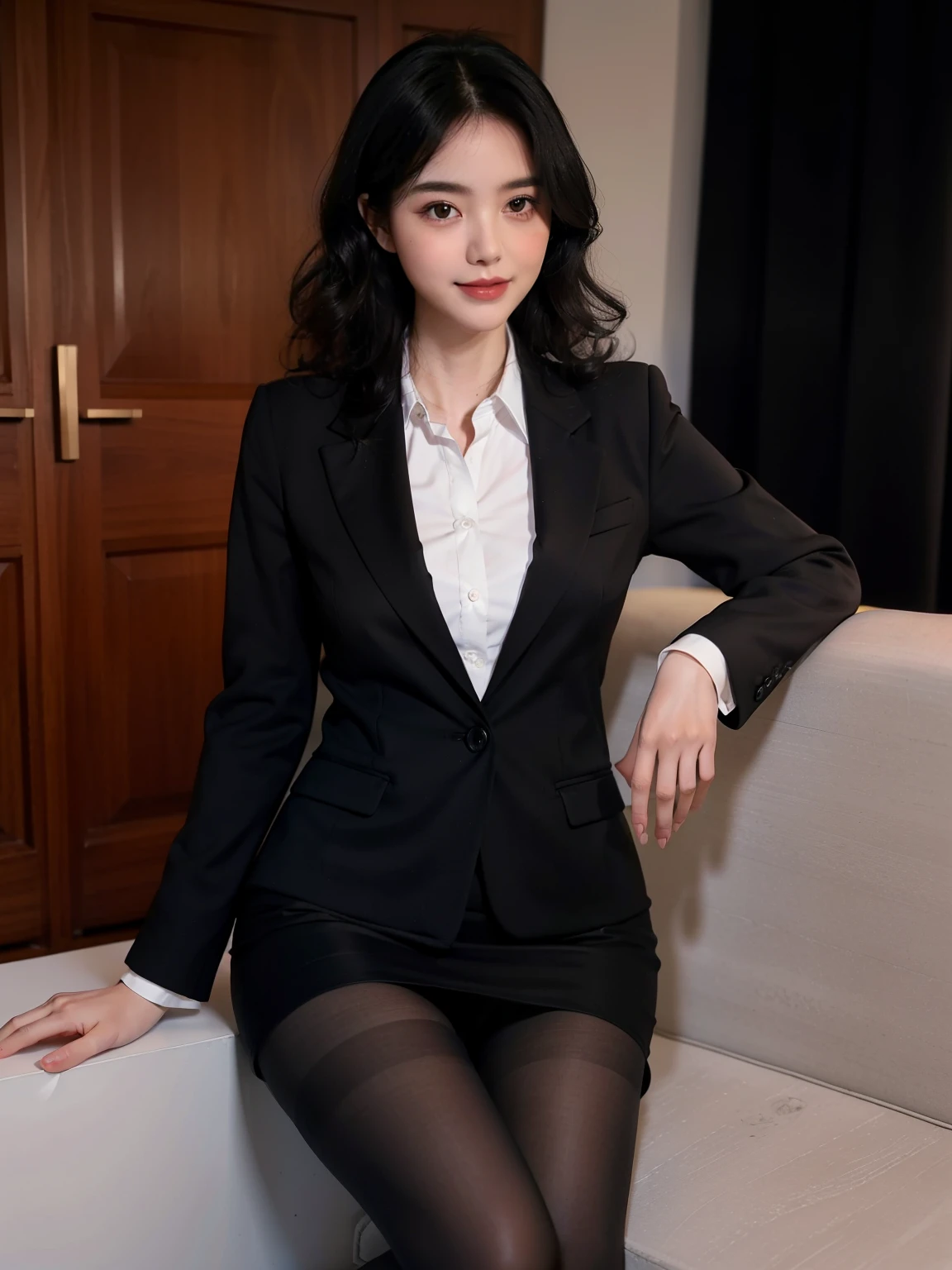 （anatomically correct:1.5)，(best quality:1.5), full body portrait, (delicate face:1.1), (pretty face:1.1), slim figure, office lady，office clothes，black coat，Collared white shirt,long black hair，(curls:1.2)，(long legs:1.05),(black_pantyhose:1.2)，Lovely，(Smile:0.8)，(blush:1.1)