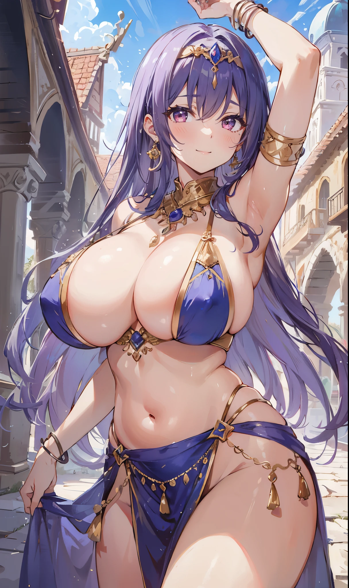 high quality, ultra detailed, best quality, insanely detailed, beautiful, masterpiece, 1girl, plaza, medieval Europe, cowboy shot, red eyes, long hair, light purple hair, (belly dancer, harem outfit, pelvic curtain:1.2), purple costume, bare legs, circlet, earrings, armlets, bracelets, bashful smile, dancing, large breasts, cleavage, soft stomach